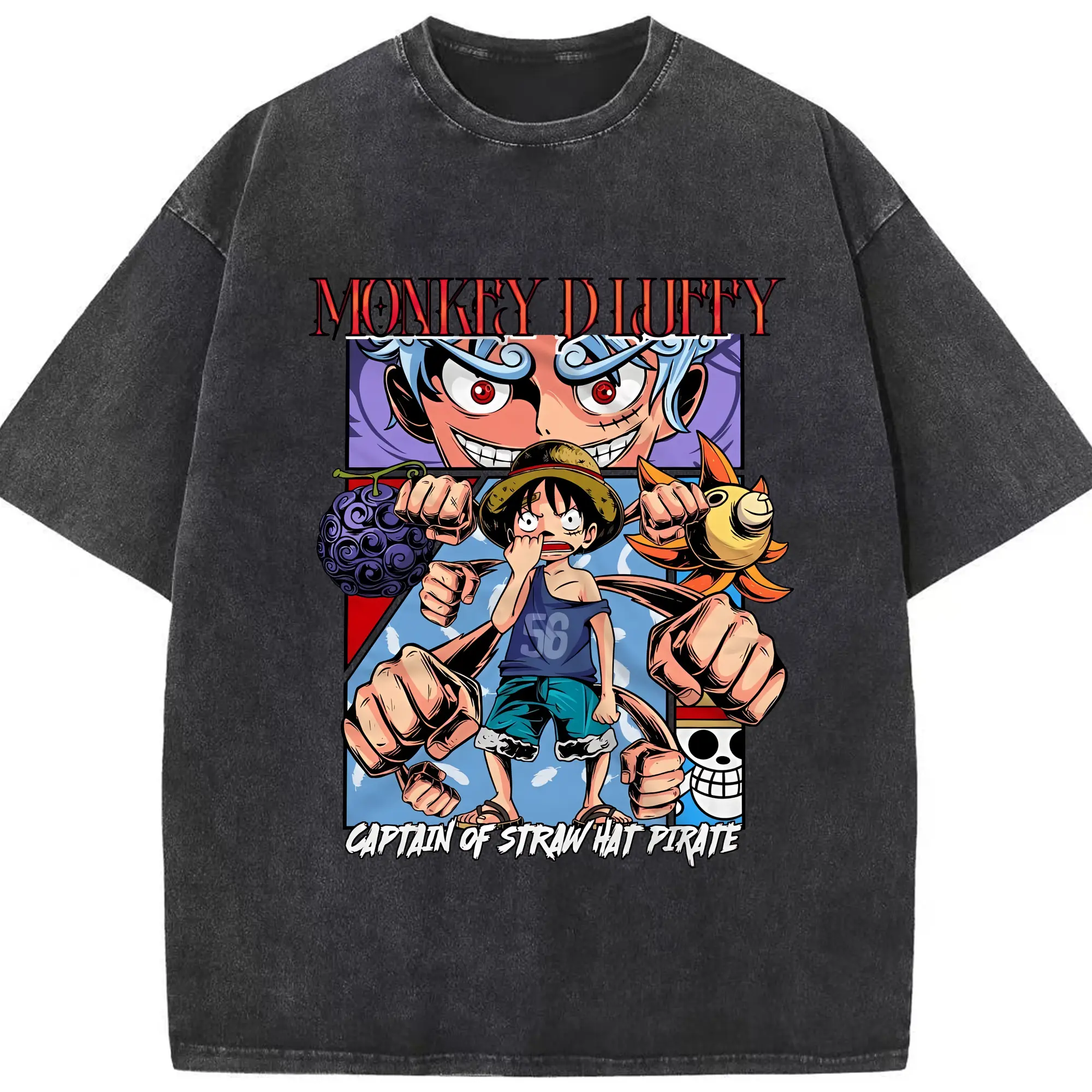 ワンピース グッズ モンキー・D・ルフィ - 綿100％ ヴィンテージ風 半袖Tシャツ ・ フロントプリント ・ 柔らか肌触り ・ 通気性 快適 ・ スポーツ カジュアル 外出用