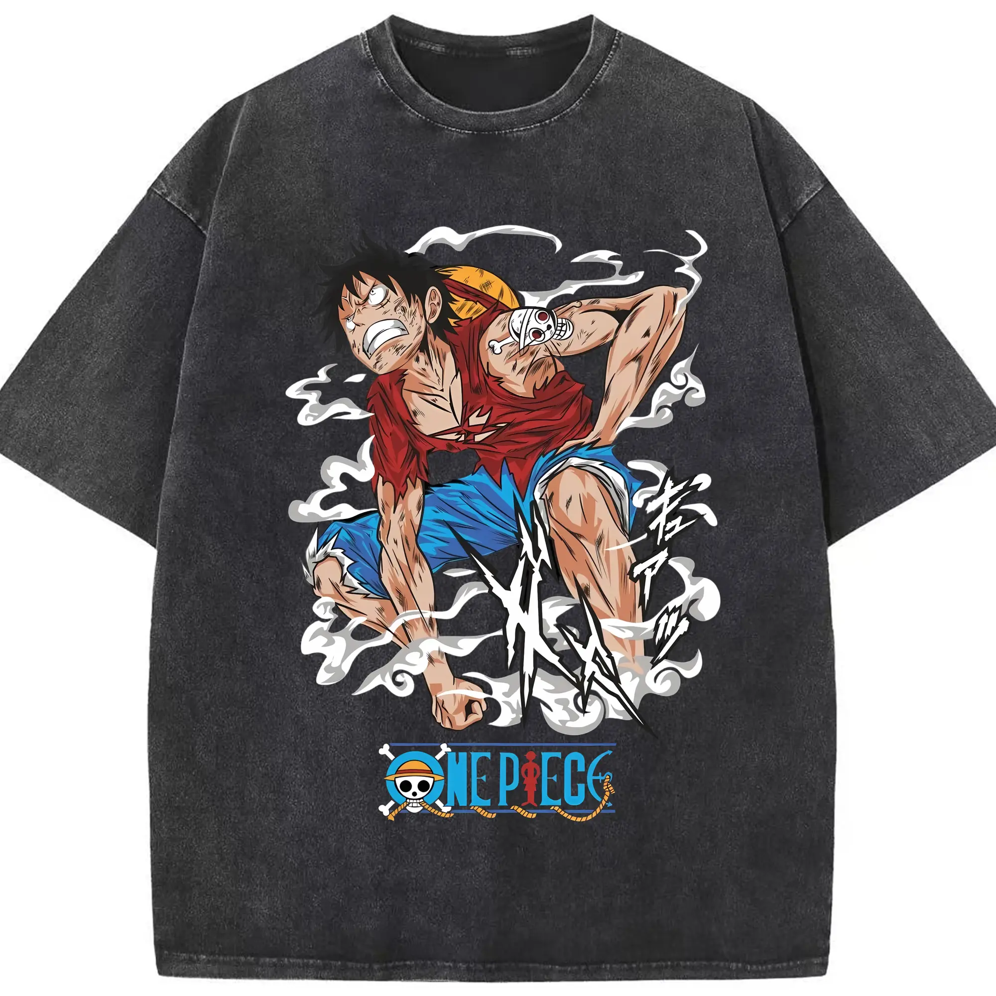 ワンピース グッズ モンキー・D・ルフィ - 綿100％ ヴィンテージ風 半袖Tシャツ ・ フロントプリント ・ 柔らか肌触り ・ 通気性 快適 ・ スポーツ カジュアル 外出用