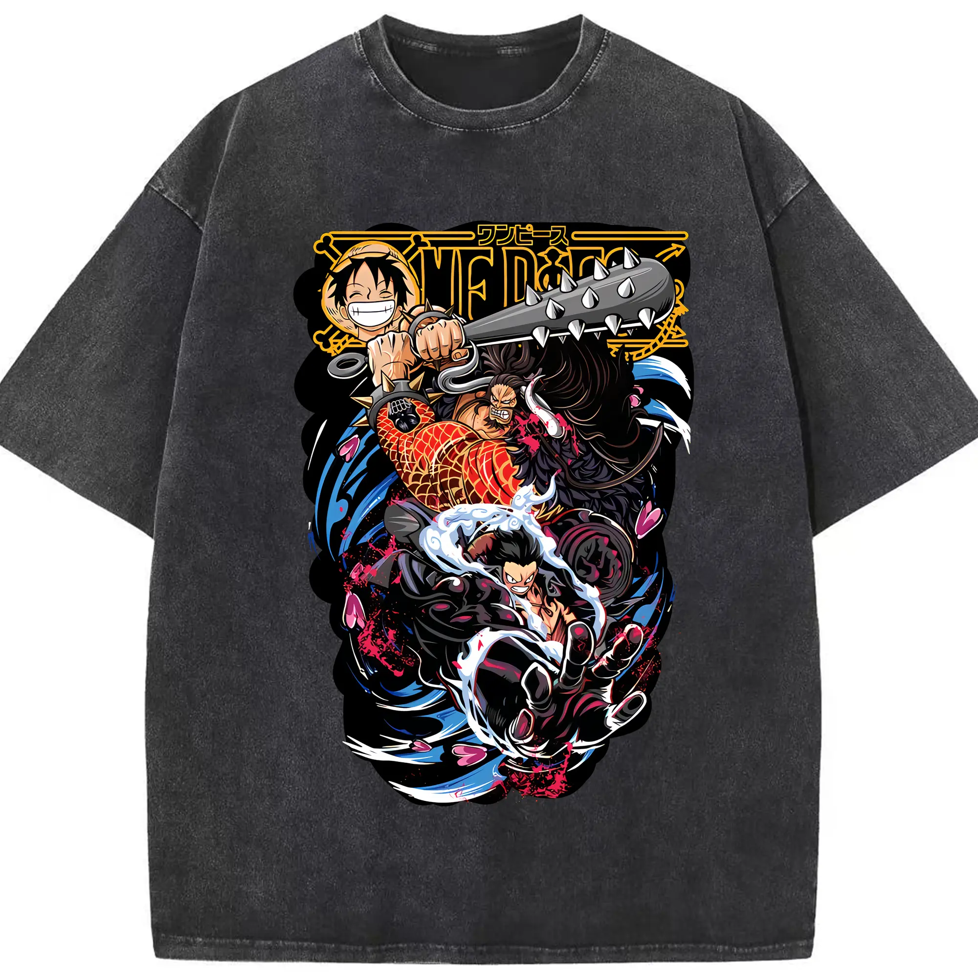 ワンピース グッズ モンキー・D・ルフィ - 綿100％ ヴィンテージ風 半袖Tシャツ ・ フロントプリント ・ 柔らか肌触り ・ 通気性 快適 ・ スポーツ カジュアル 外出用