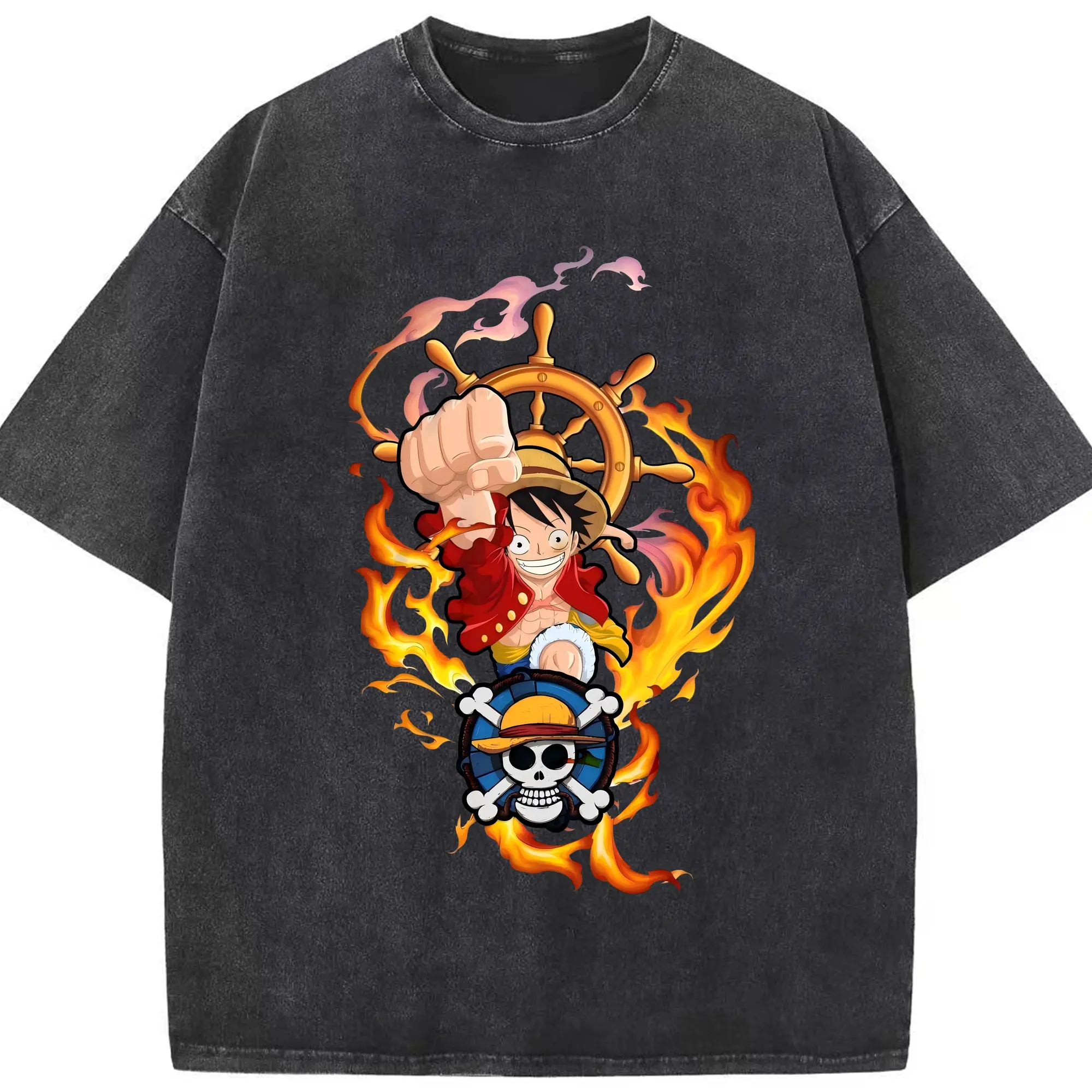 ワンピース グッズ モンキー・D・ルフィ - 綿100％ ヴィンテージ風 半袖Tシャツ ・ フロントプリント ・ 柔らか肌触り ・ 通気性 快適 ・ スポーツ カジュアル 外出用