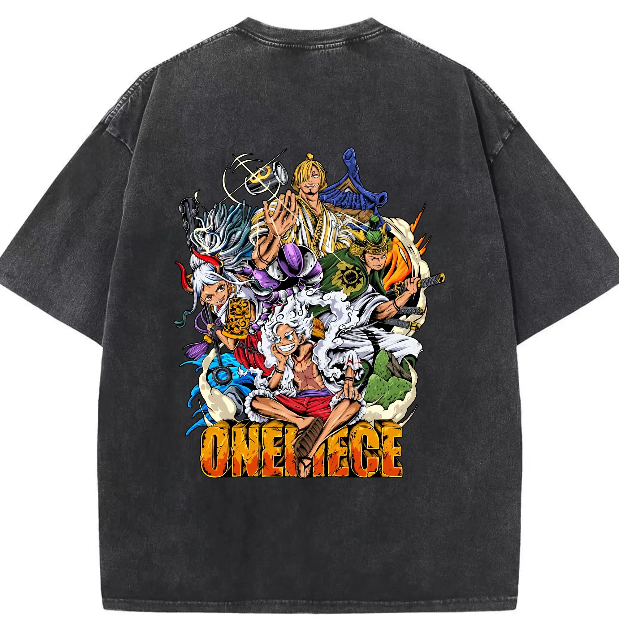 ワンピース グッズ モンキー・D・ルフィ - 綿100％ ヴィンテージ風 半袖Tシャツ ・ 背面プリント ・ 柔らか肌触り ・ 通気性 快適 ・ スポーツ カジュアル 外出用