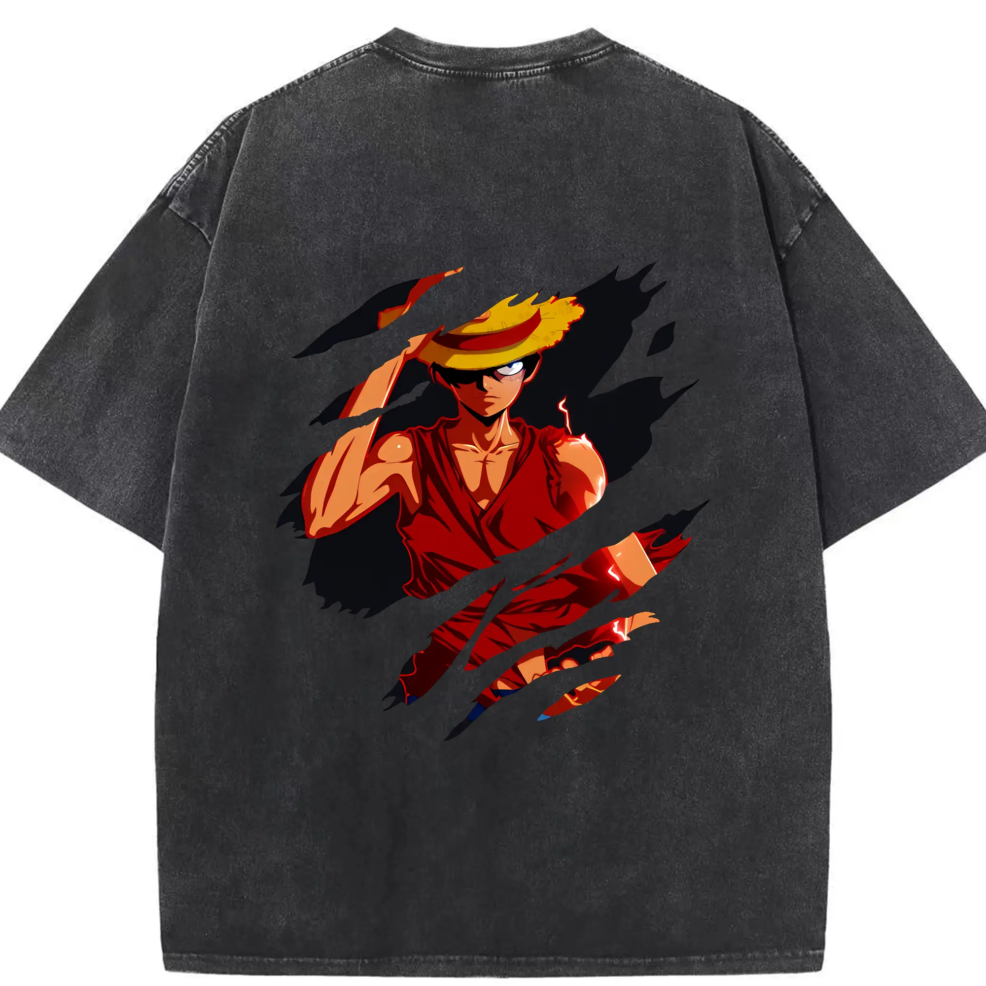 ワンピース グッズ モンキー・D・ルフィ - 綿100％ ヴィンテージ風 半袖Tシャツ ・ 背面プリント ・ 柔らか肌触り ・ 通気性 快適 ・ スポーツ カジュアル 外出用