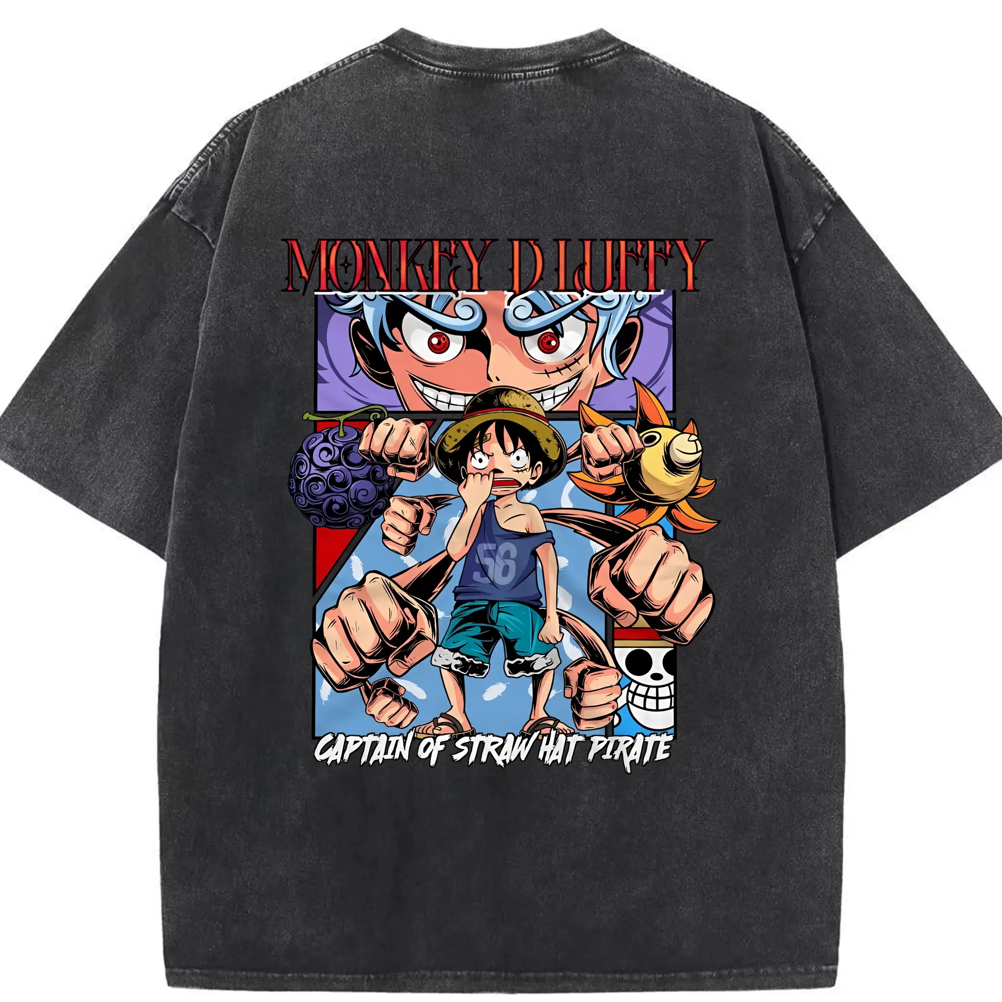 ワンピース グッズ モンキー・D・ルフィ - 綿100％ ヴィンテージ風 半袖Tシャツ ・ 背面プリント ・ 柔らか肌触り ・ 通気性 快適 ・ スポーツ カジュアル 外出用
