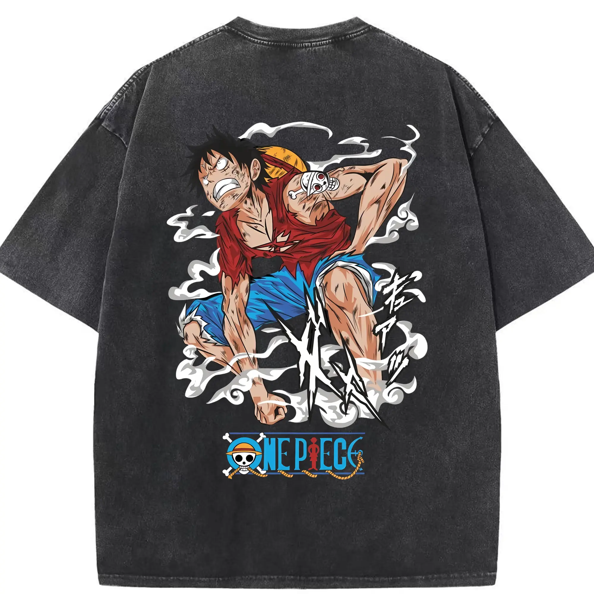 ワンピース グッズ モンキー・D・ルフィ - 綿100％ ヴィンテージ風 半袖Tシャツ ・ 背面プリント ・ 柔らか肌触り ・ 通気性 快適 ・ スポーツ カジュアル 外出用