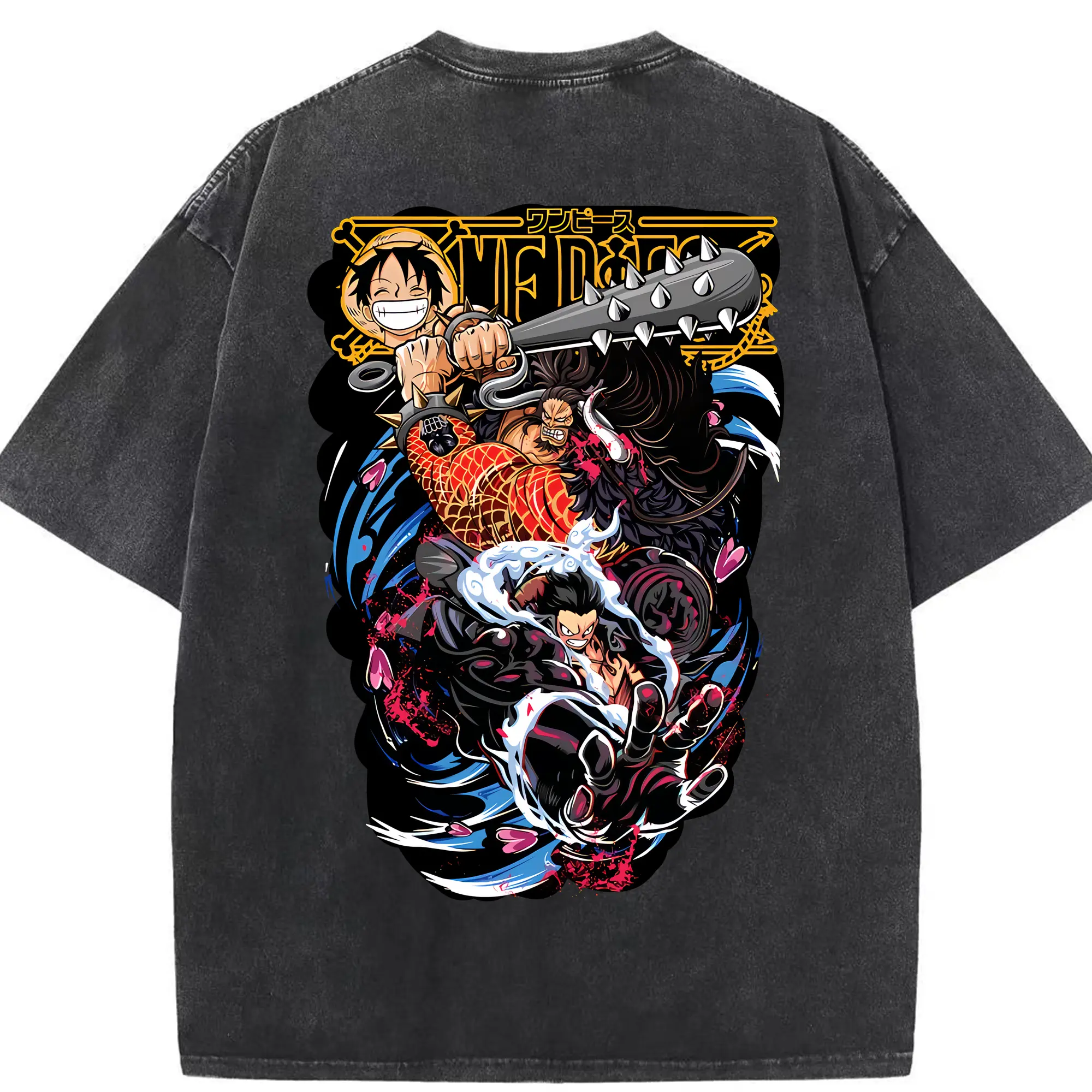 ワンピース グッズ モンキー・D・ルフィ - 綿100％ ヴィンテージ風 半袖Tシャツ ・ 背面プリント ・ 柔らか肌触り ・ 通気性 快適 ・ スポーツ カジュアル 外出用