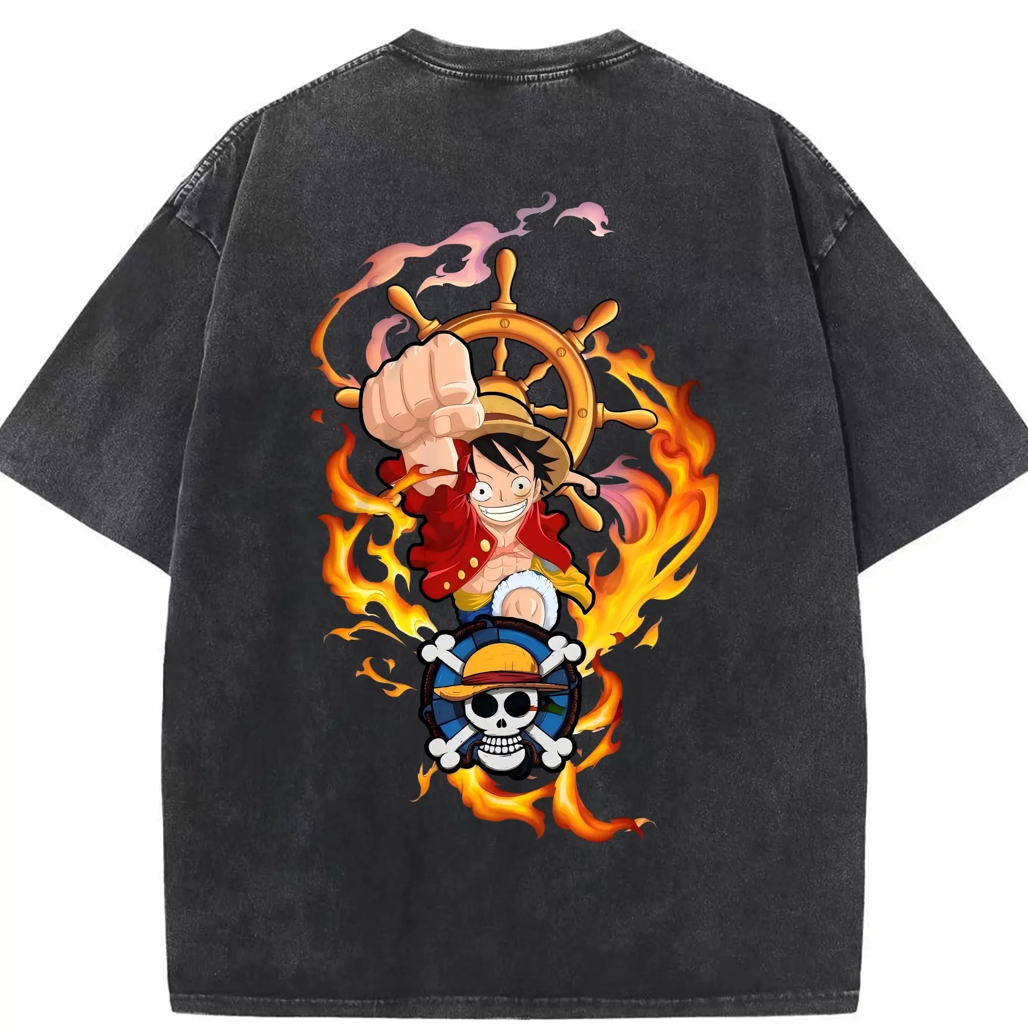 ワンピース グッズ モンキー・D・ルフィ - 綿100％ ヴィンテージ風 半袖Tシャツ ・ 背面プリント ・ 柔らか肌触り ・ 通気性 快適 ・ スポーツ カジュアル 外出用