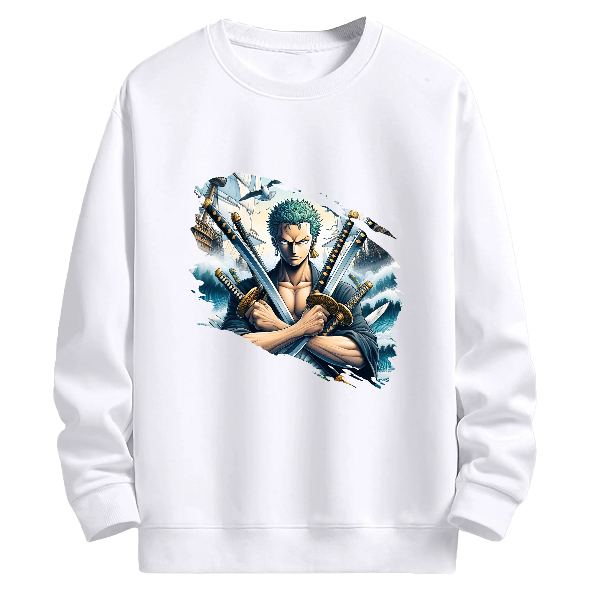 ワンピース グッズ ロロノア・ゾロ - 高品質 クルーネック スウェット ・ コットン59％ ポリエステル41％ ・ ユニセックス 長袖 トレーナー ・ カジュアル デイリー スポーツ 散歩用