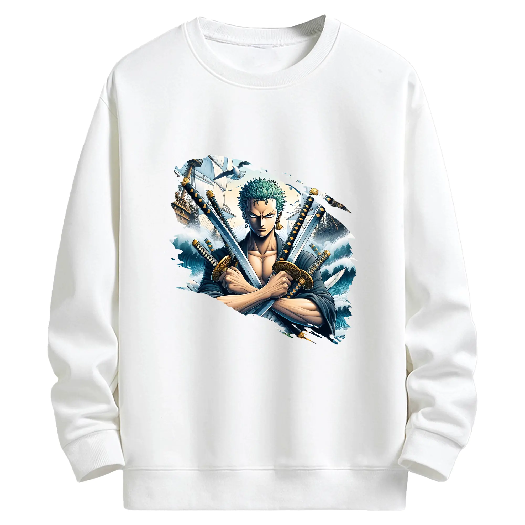 ワンピース グッズ ロロノア・ゾロ - キッズ クルーネックスウェットシャツ ・ フロントプリント ・ 綿80％ ポリエステル20％ ・ 快適 通学 スポーツ 日常使い お散歩用