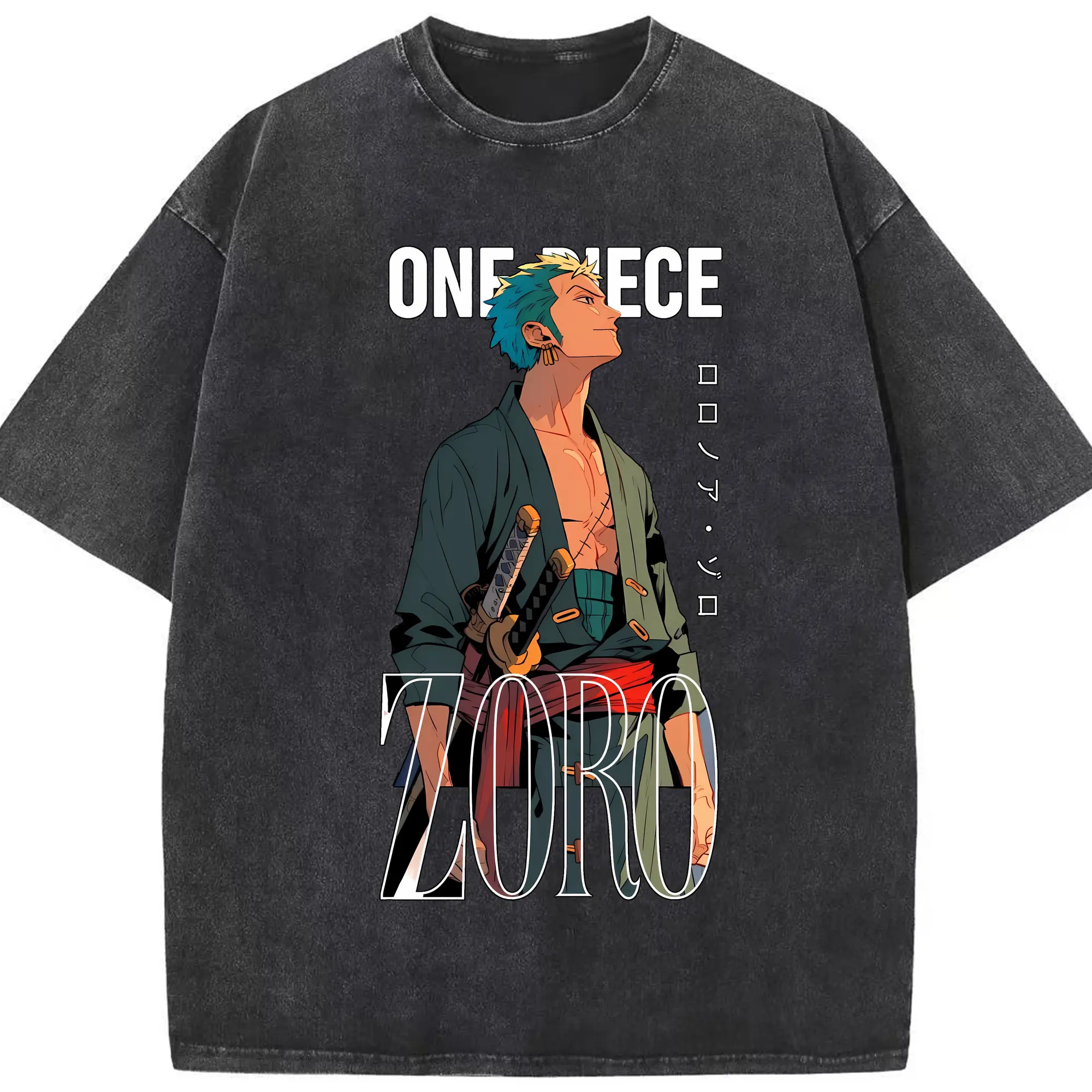 ワンピース グッズ ロロノア・ゾロ - 綿100％ ヴィンテージ風 半袖Tシャツ ・ フロントプリント ・ 柔らか肌触り ・ 通気性 快適 ・ スポーツ カジュアル 外出用