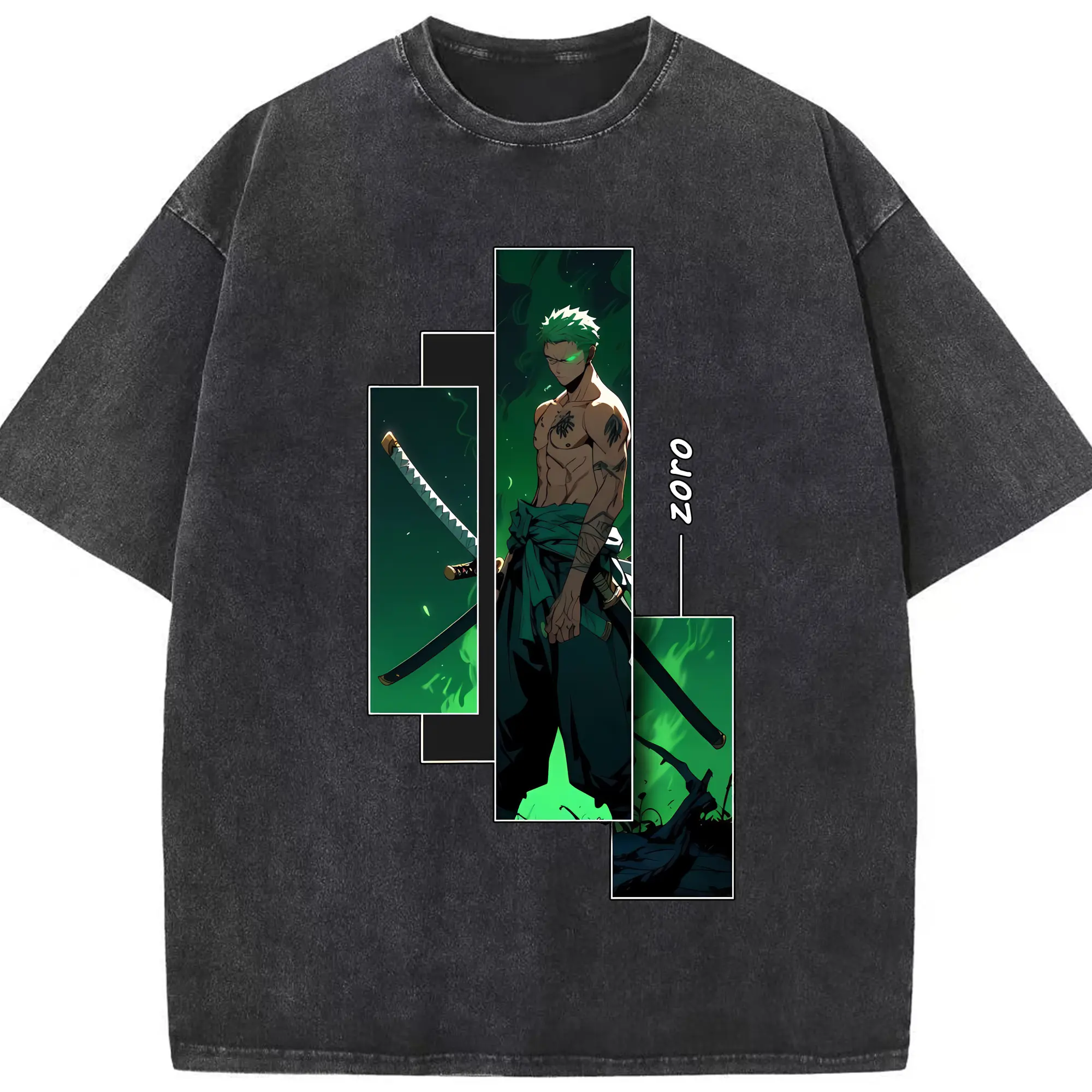 ワンピース グッズ ロロノア・ゾロ - 綿100％ ヴィンテージ風 半袖Tシャツ ・ フロントプリント ・ 柔らか肌触り ・ 通気性 快適 ・ スポーツ カジュアル 外出用