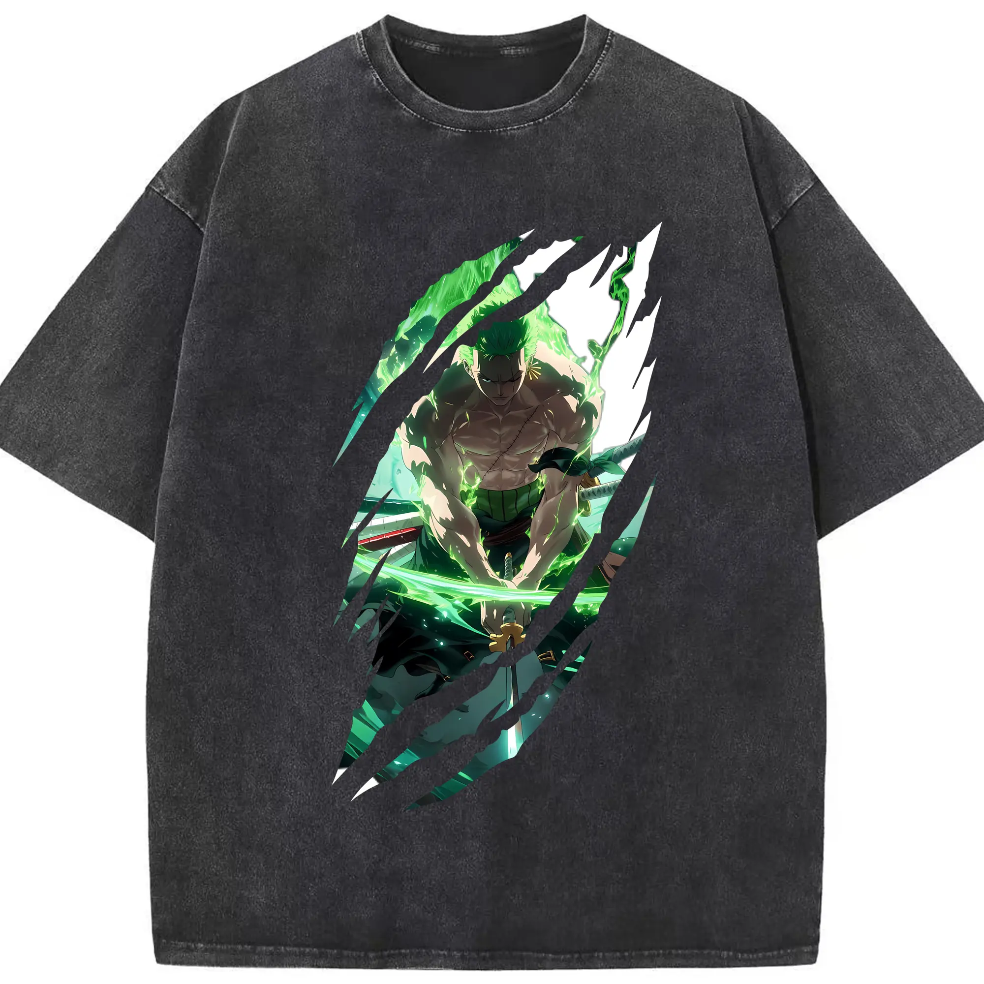 ワンピース グッズ ロロノア・ゾロ - 綿100％ ヴィンテージ風 半袖Tシャツ ・ フロントプリント ・ 柔らか肌触り ・ 通気性 快適 ・ スポーツ カジュアル 外出用