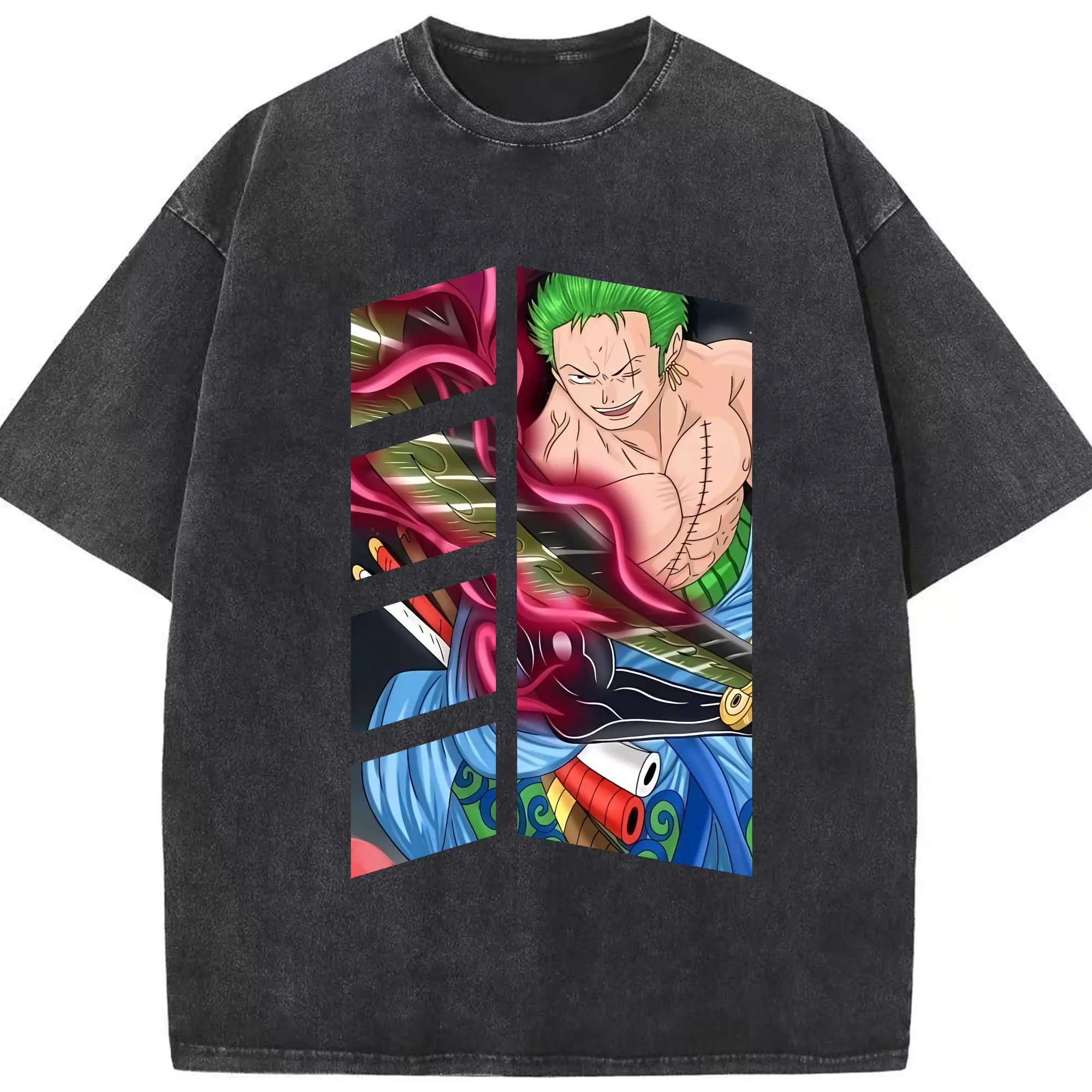 ワンピース グッズ ロロノア・ゾロ - 綿100％ ヴィンテージ風 半袖Tシャツ ・ フロントプリント ・ 柔らか肌触り ・ 通気性 快適 ・ スポーツ カジュアル 外出用
