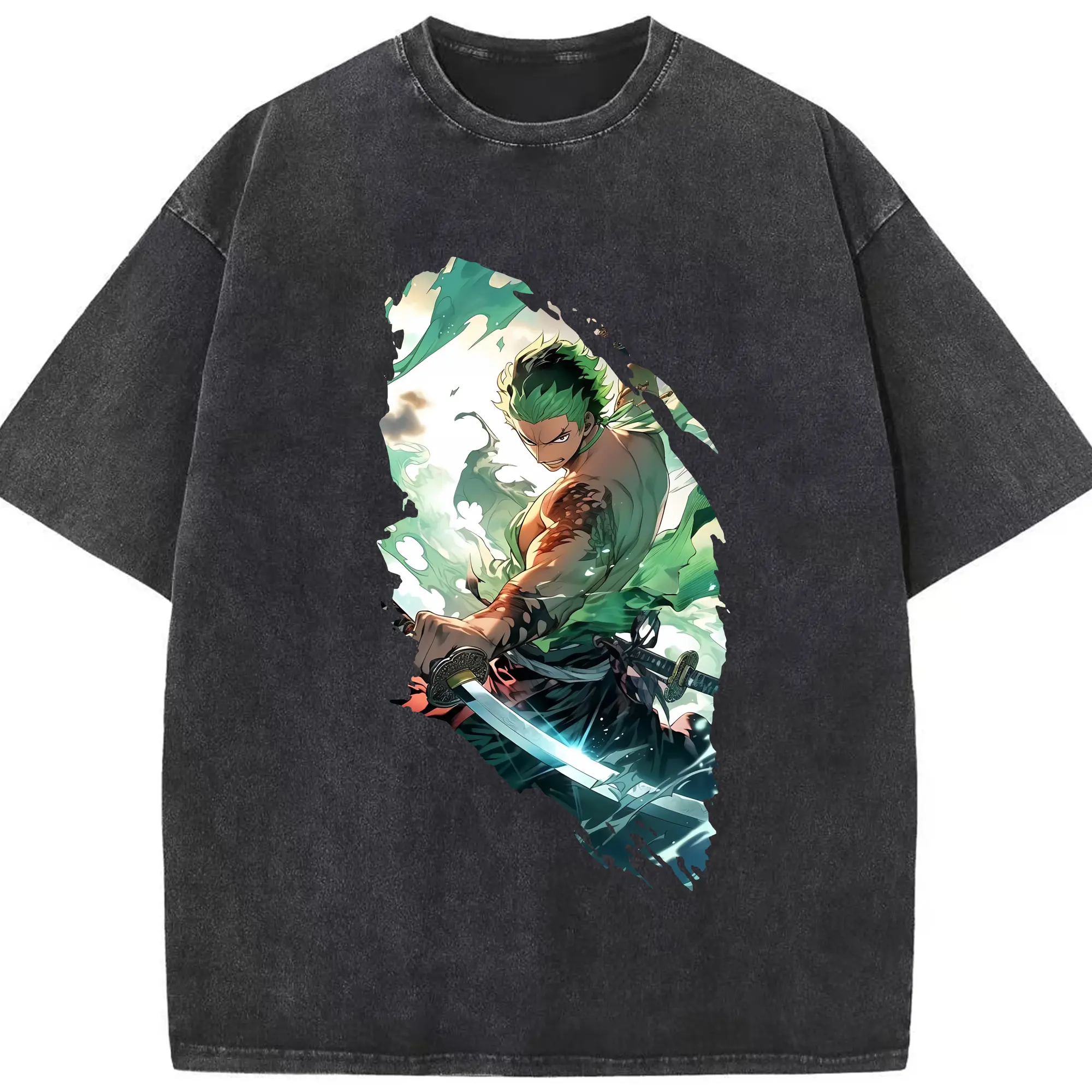 ワンピース グッズ ロロノア・ゾロ - 綿100％ ヴィンテージ風 半袖Tシャツ ・ フロントプリント ・ 柔らか肌触り ・ 通気性 快適 ・ スポーツ カジュアル 外出用