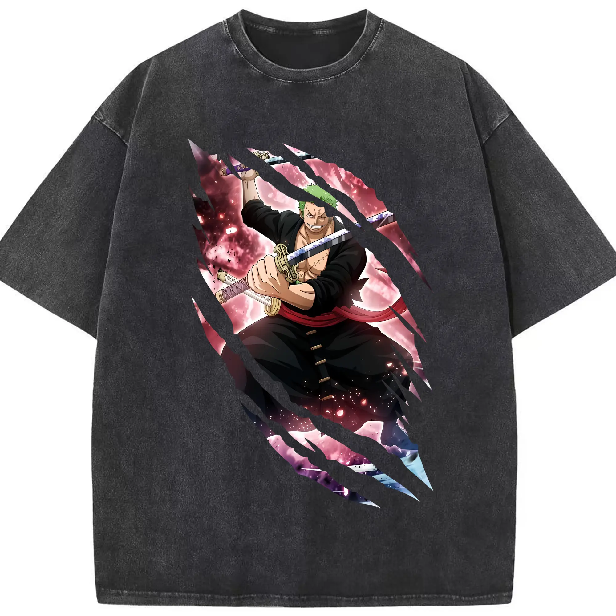 ワンピース グッズ ロロノア・ゾロ - 綿100％ ヴィンテージ風 半袖Tシャツ ・ フロントプリント ・ 柔らか肌触り ・ 通気性 快適 ・ スポーツ カジュアル 外出用