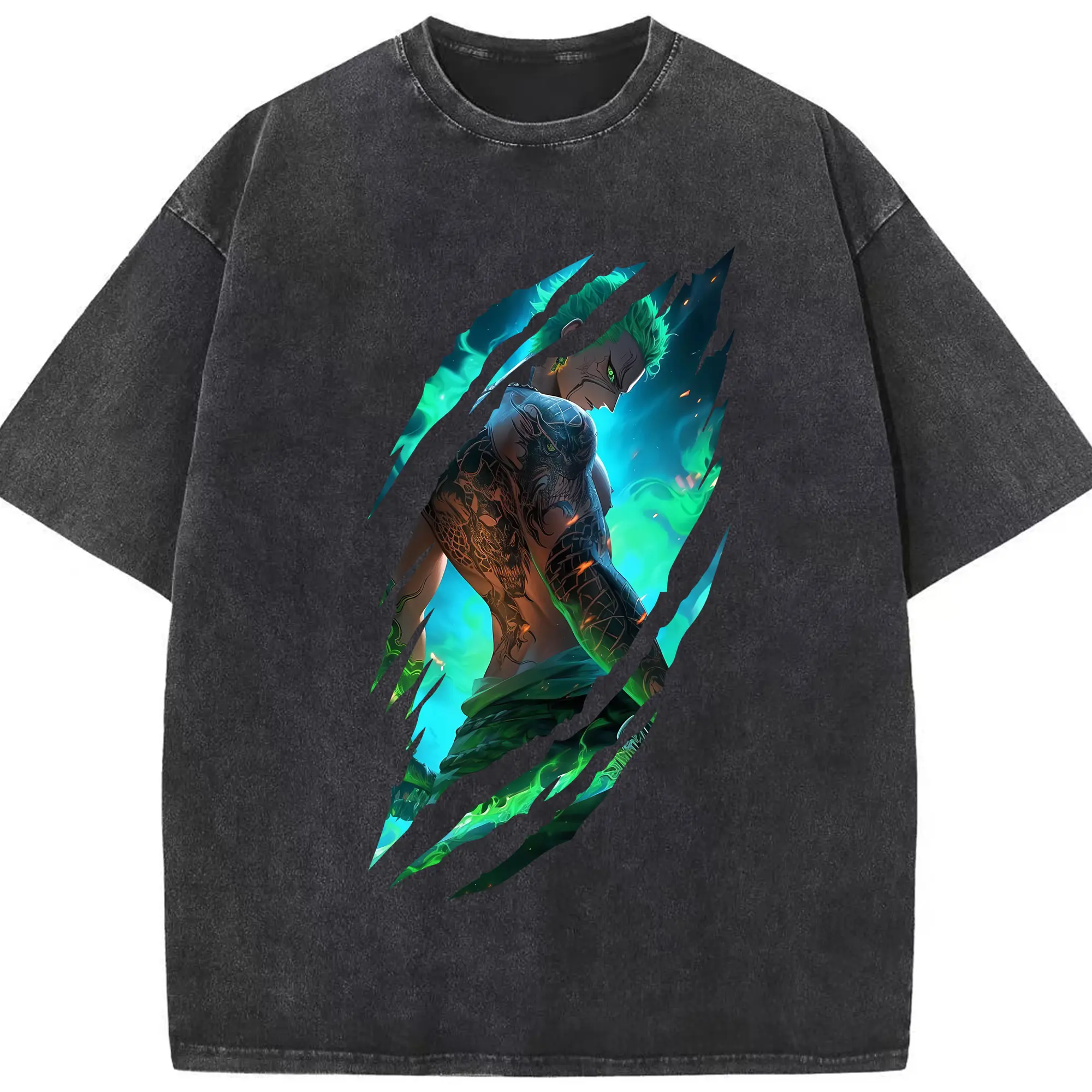 ワンピース グッズ ロロノア・ゾロ - 綿100％ ヴィンテージ風 半袖Tシャツ ・ フロントプリント ・ 柔らか肌触り ・ 通気性 快適 ・ スポーツ カジュアル 外出用