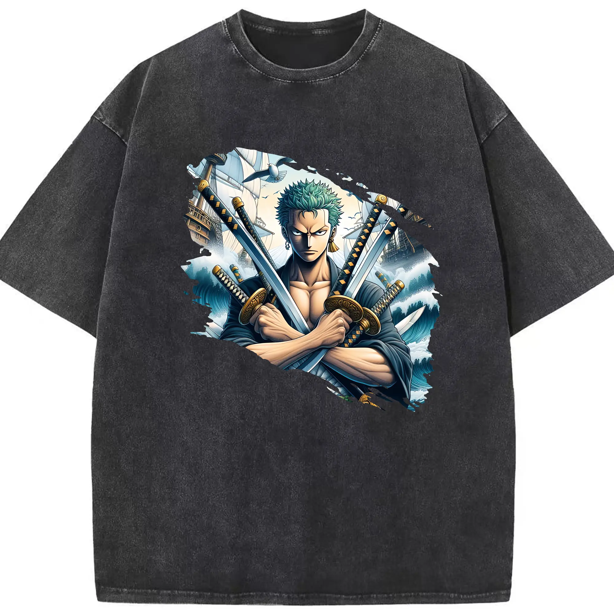ワンピース グッズ ロロノア・ゾロ - 綿100％ ヴィンテージ風 半袖Tシャツ ・ フロントプリント ・ 柔らか肌触り ・ 通気性 快適 ・ スポーツ カジュアル 外出用