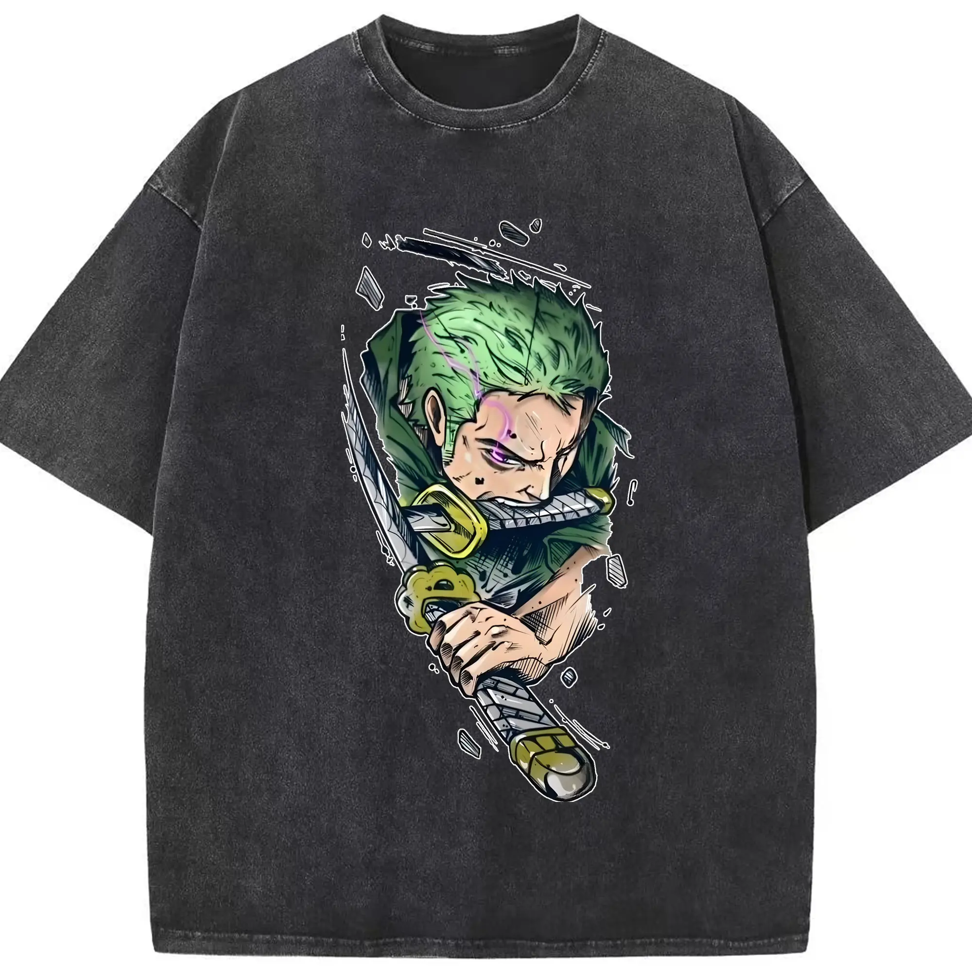 ワンピース グッズ ロロノア・ゾロ - 綿100％ ヴィンテージ風 半袖Tシャツ ・ フロントプリント ・ 柔らか肌触り ・ 通気性 快適 ・ スポーツ カジュアル 外出用