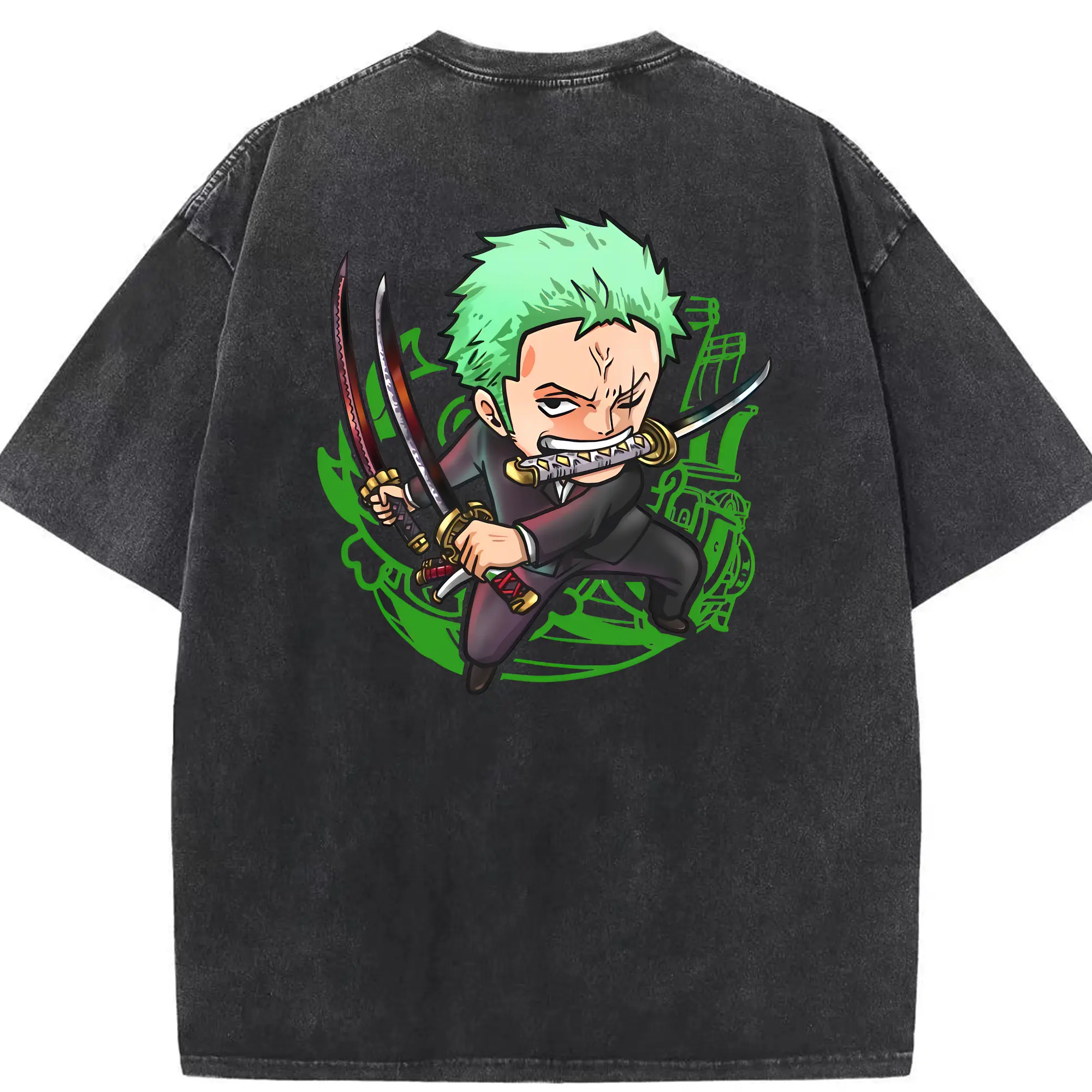 ワンピース グッズ ロロノア・ゾロ - 綿100％ ヴィンテージ風 半袖Tシャツ ・ 背面プリント ・ 柔らか肌触り ・ 通気性 快適 ・ スポーツ カジュアル 外出用