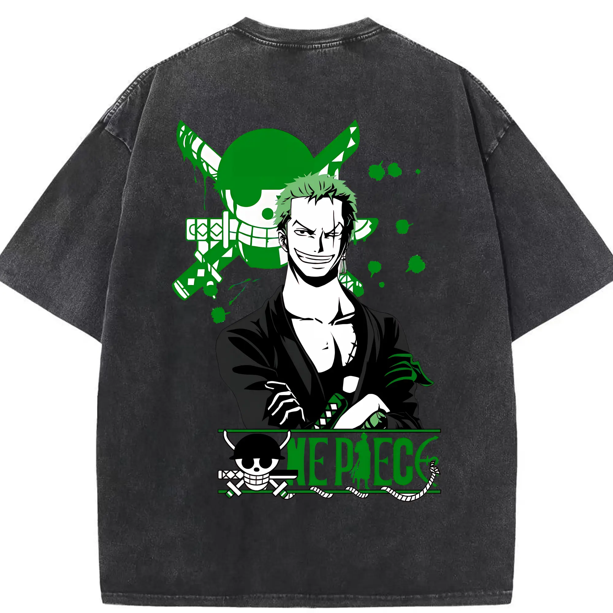 ワンピース グッズ ロロノア・ゾロ - 綿100％ ヴィンテージ風 半袖Tシャツ ・ 背面プリント ・ 柔らか肌触り ・ 通気性 快適 ・ スポーツ カジュアル 外出用