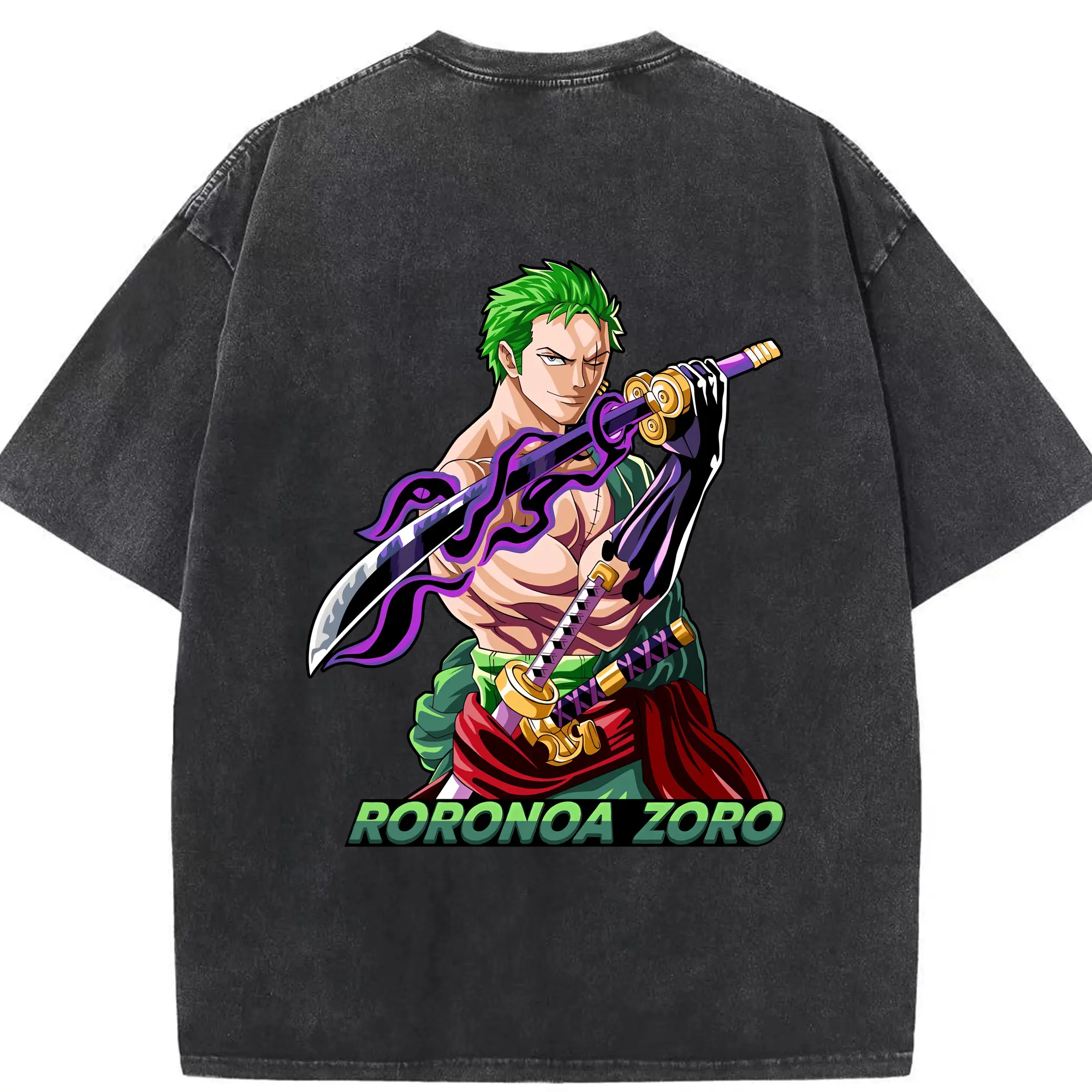 ワンピース グッズ ロロノア・ゾロ - 綿100％ ヴィンテージ風 半袖Tシャツ ・ 背面プリント ・ 柔らか肌触り ・ 通気性 快適 ・ スポーツ カジュアル 外出用