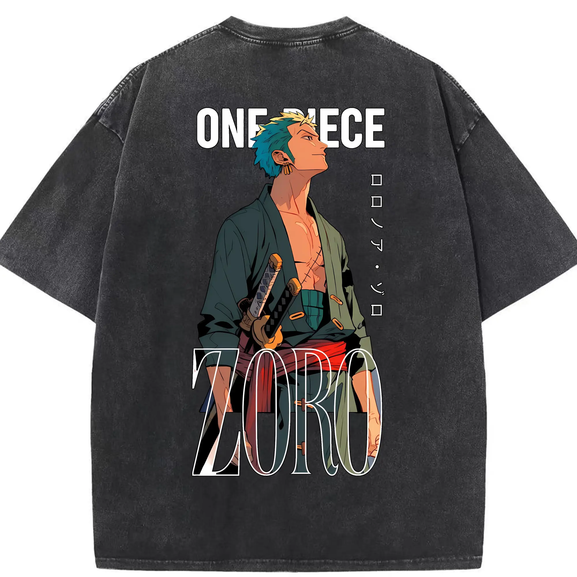 ワンピース グッズ ロロノア・ゾロ - 綿100％ ヴィンテージ風 半袖Tシャツ ・ 背面プリント ・ 柔らか肌触り ・ 通気性 快適 ・ スポーツ カジュアル 外出用