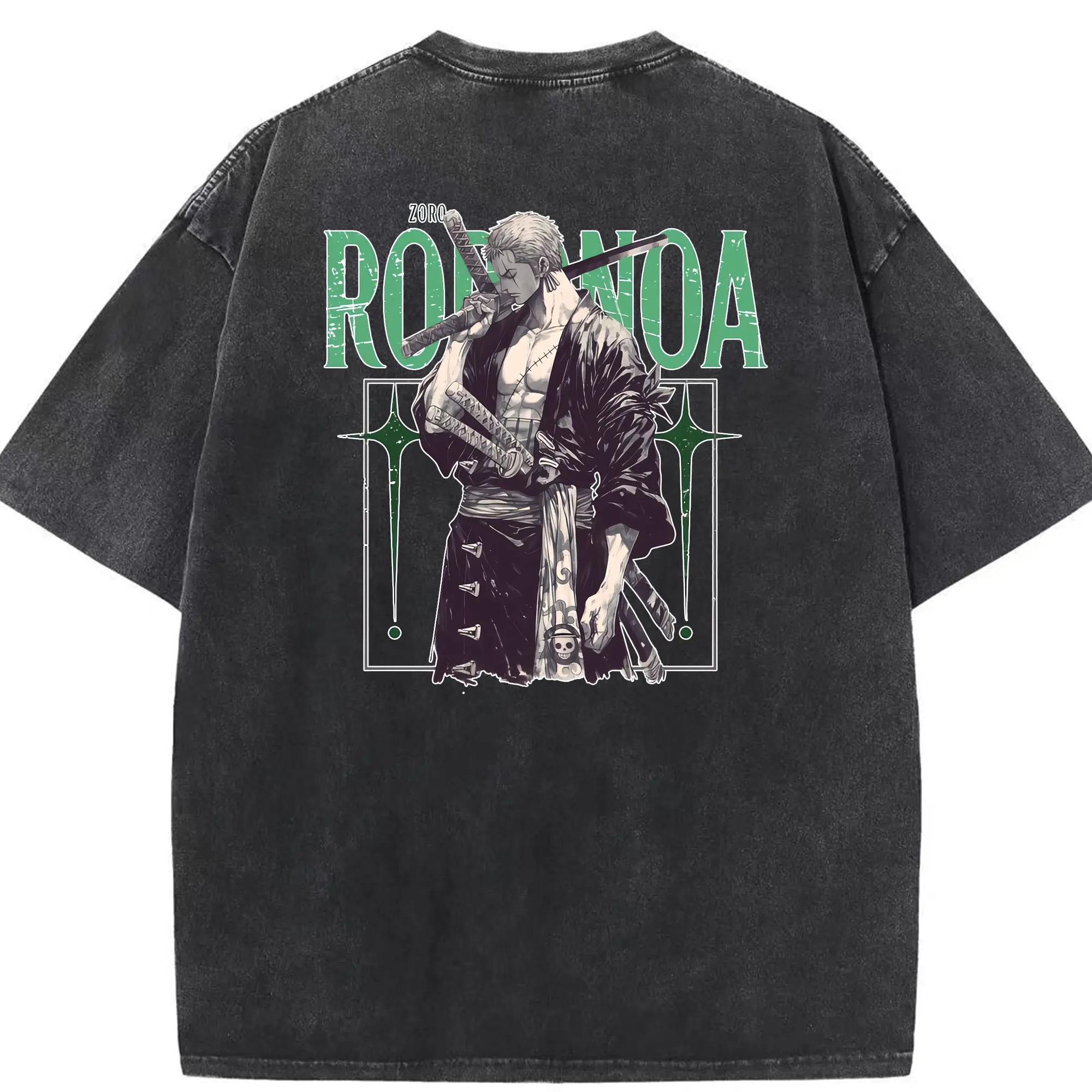 ワンピース グッズ ロロノア・ゾロ - 綿100％ ヴィンテージ風 半袖Tシャツ ・ 背面プリント ・ 柔らか肌触り ・ 通気性 快適 ・ スポーツ カジュアル 外出用
