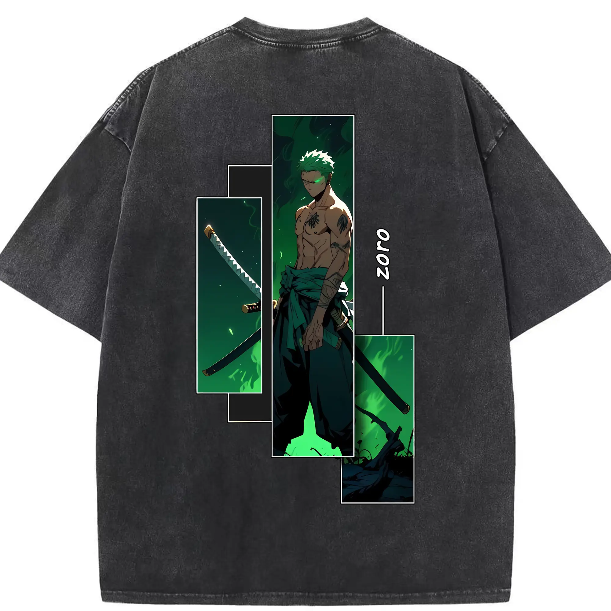 ワンピース グッズ ロロノア・ゾロ - 綿100％ ヴィンテージ風 半袖Tシャツ ・ 背面プリント ・ 柔らか肌触り ・ 通気性 快適 ・ スポーツ カジュアル 外出用