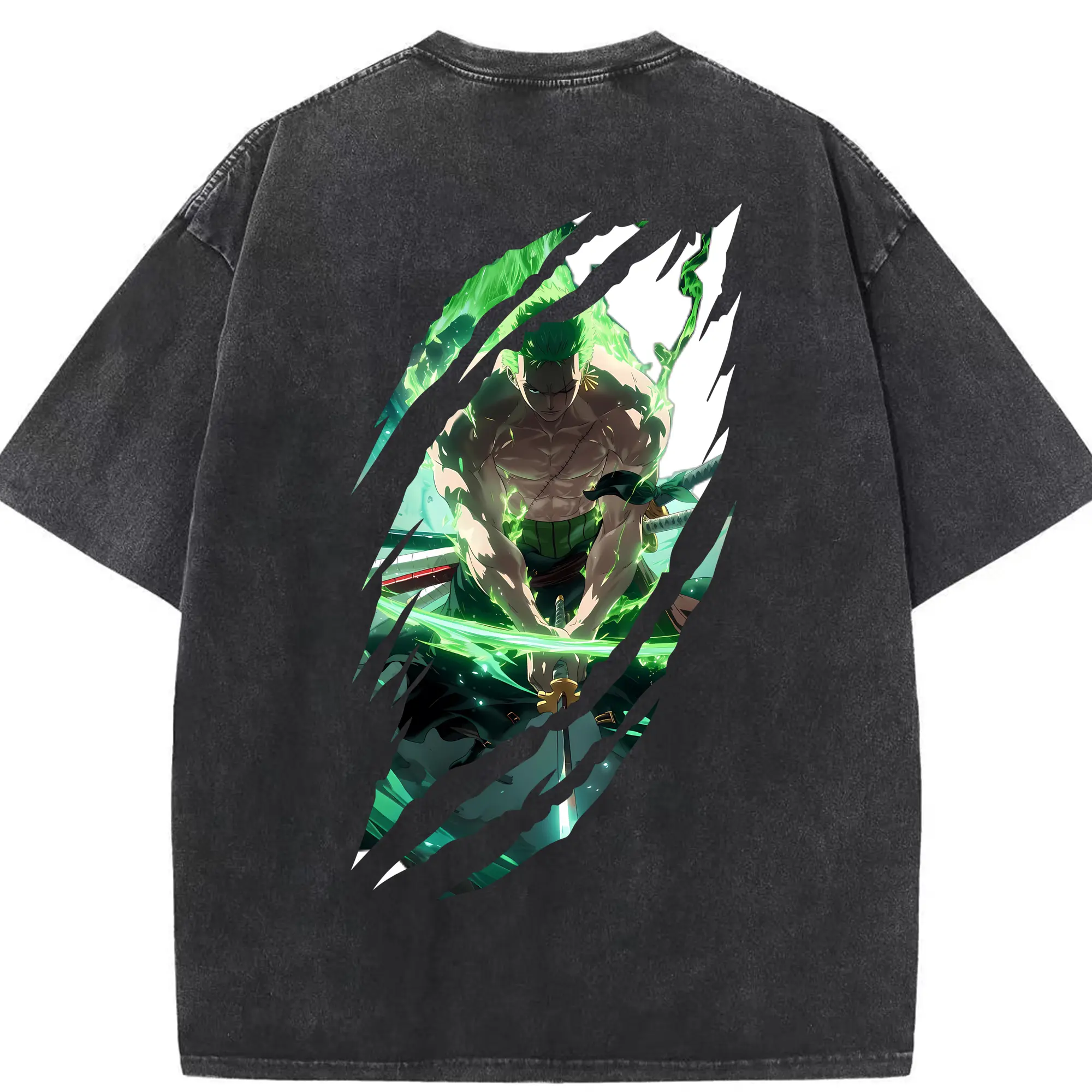 ワンピース グッズ ロロノア・ゾロ - 綿100％ ヴィンテージ風 半袖Tシャツ ・ 背面プリント ・ 柔らか肌触り ・ 通気性 快適 ・ スポーツ カジュアル 外出用