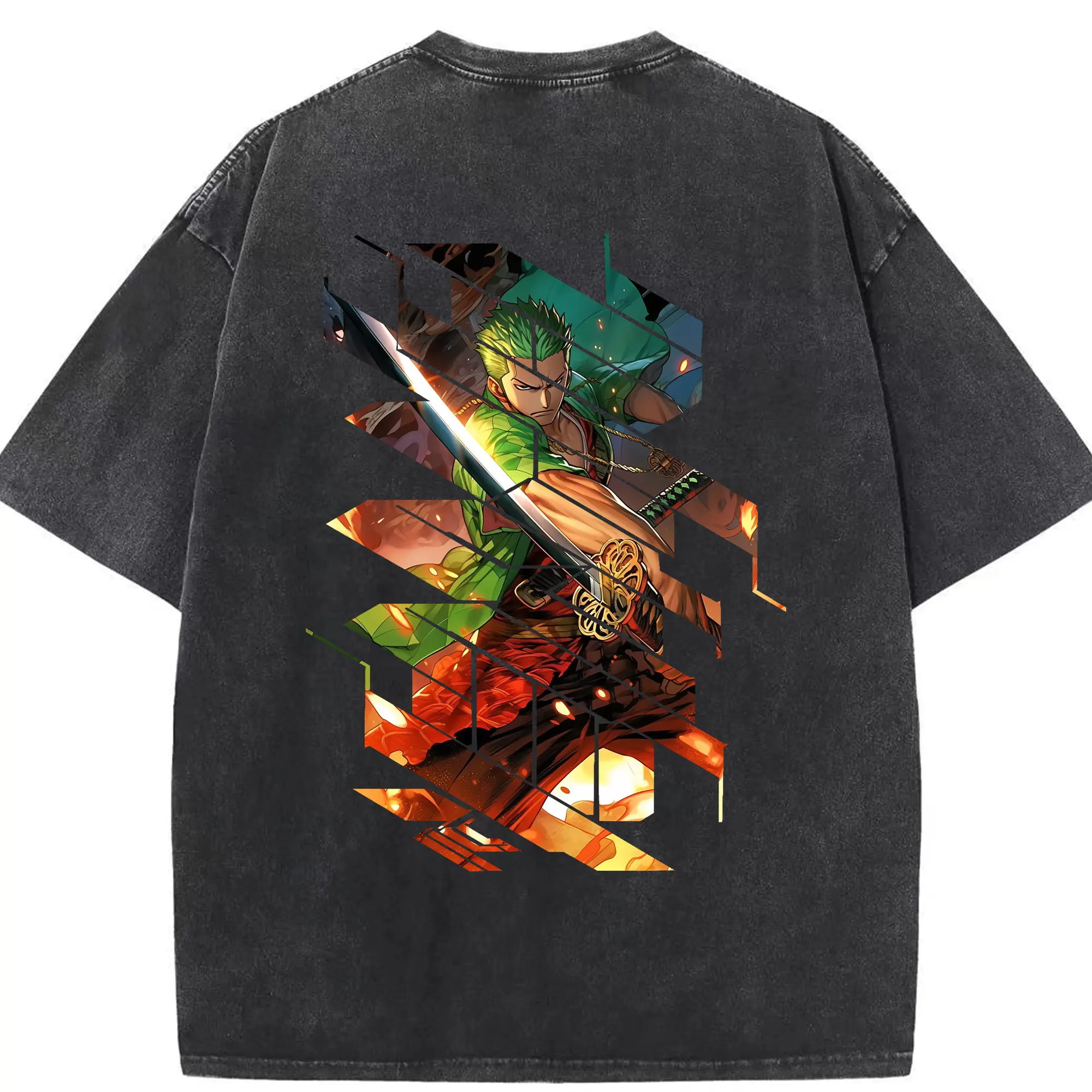 ワンピース グッズ ロロノア・ゾロ - 綿100％ ヴィンテージ風 半袖Tシャツ ・ 背面プリント ・ 柔らか肌触り ・ 通気性 快適 ・ スポーツ カジュアル 外出用