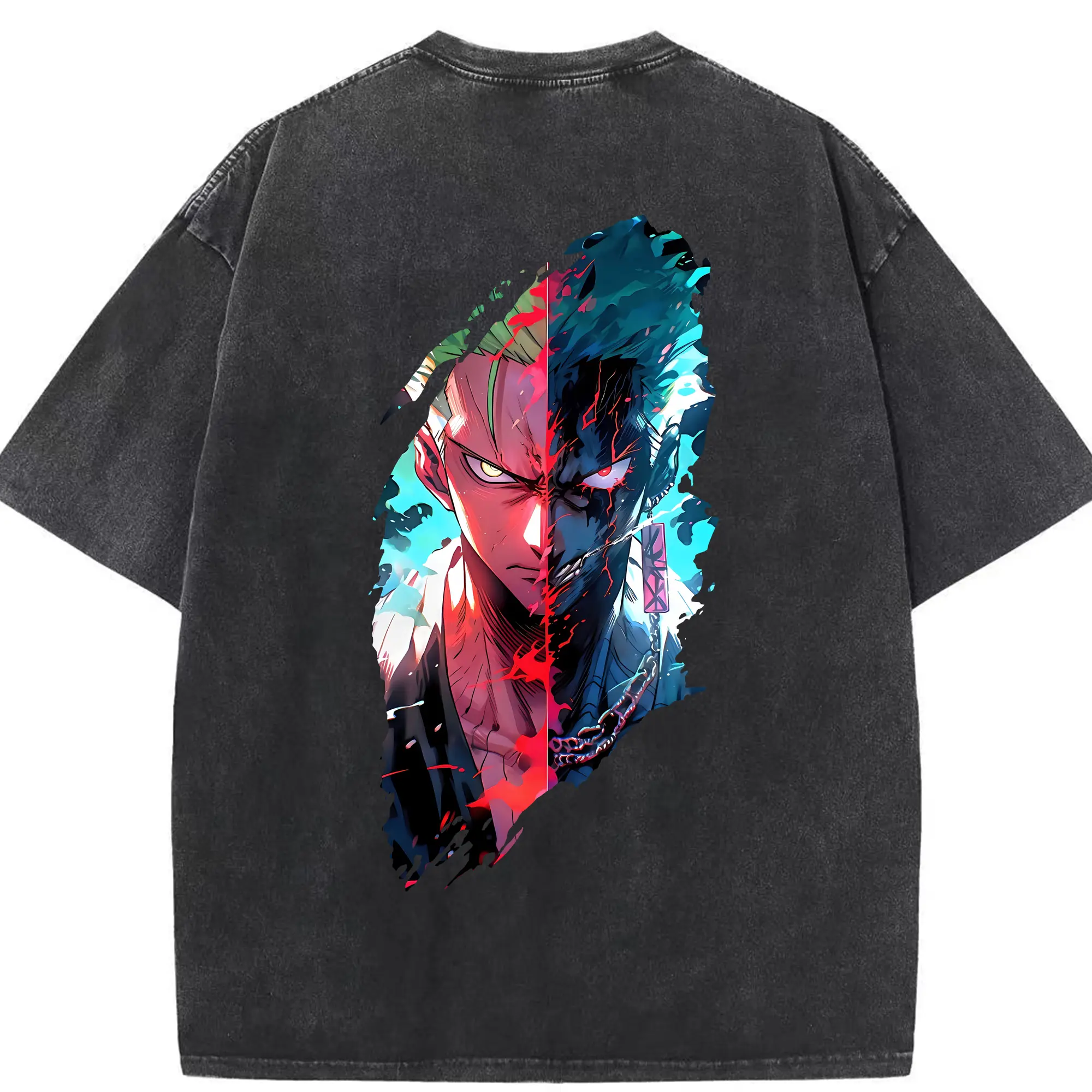 ワンピース グッズ ロロノア・ゾロ - 綿100％ ヴィンテージ風 半袖Tシャツ ・ 背面プリント ・ 柔らか肌触り ・ 通気性 快適 ・ スポーツ カジュアル 外出用