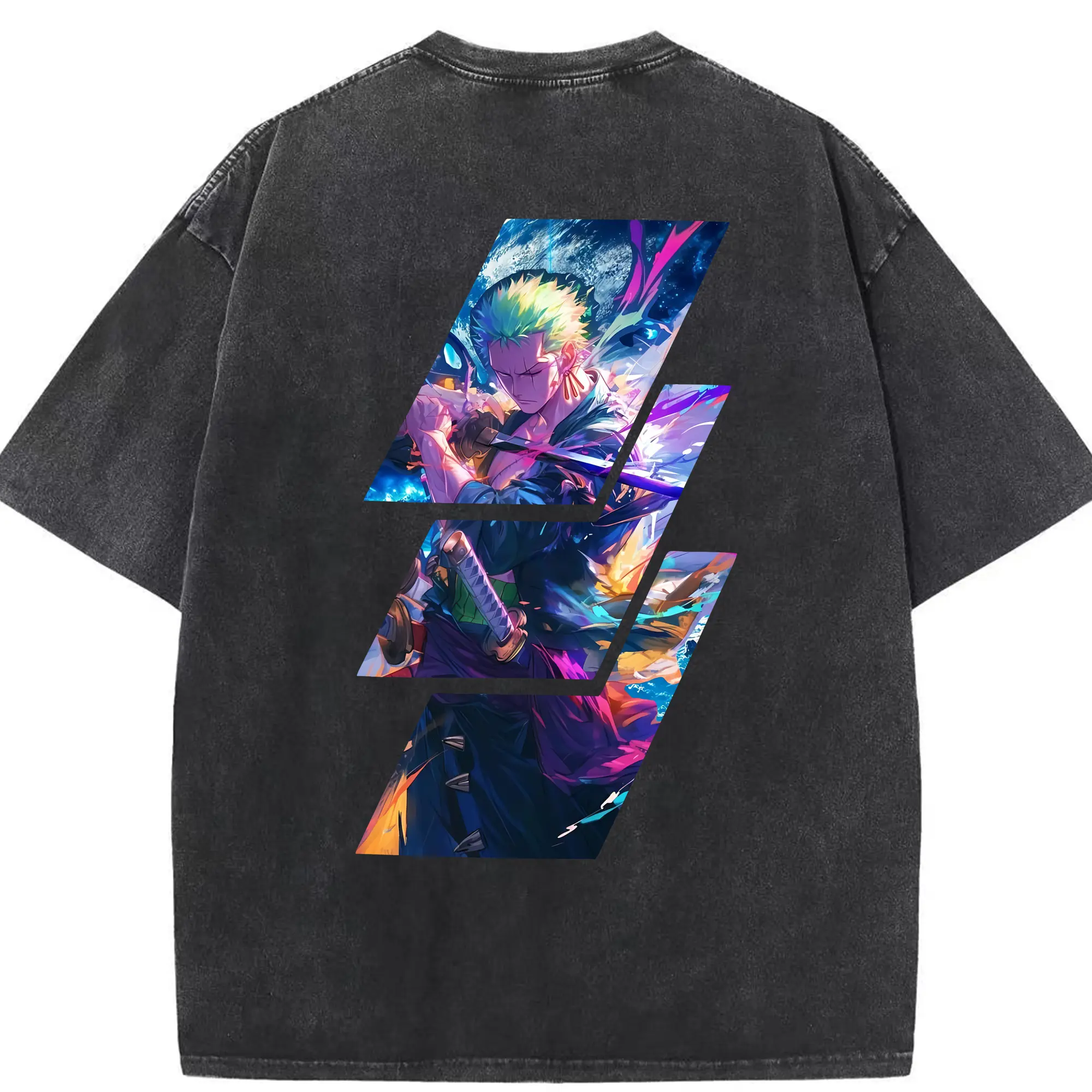 ワンピース グッズ ロロノア・ゾロ - 綿100％ ヴィンテージ風 半袖Tシャツ ・ 背面プリント ・ 柔らか肌触り ・ 通気性 快適 ・ スポーツ カジュアル 外出用