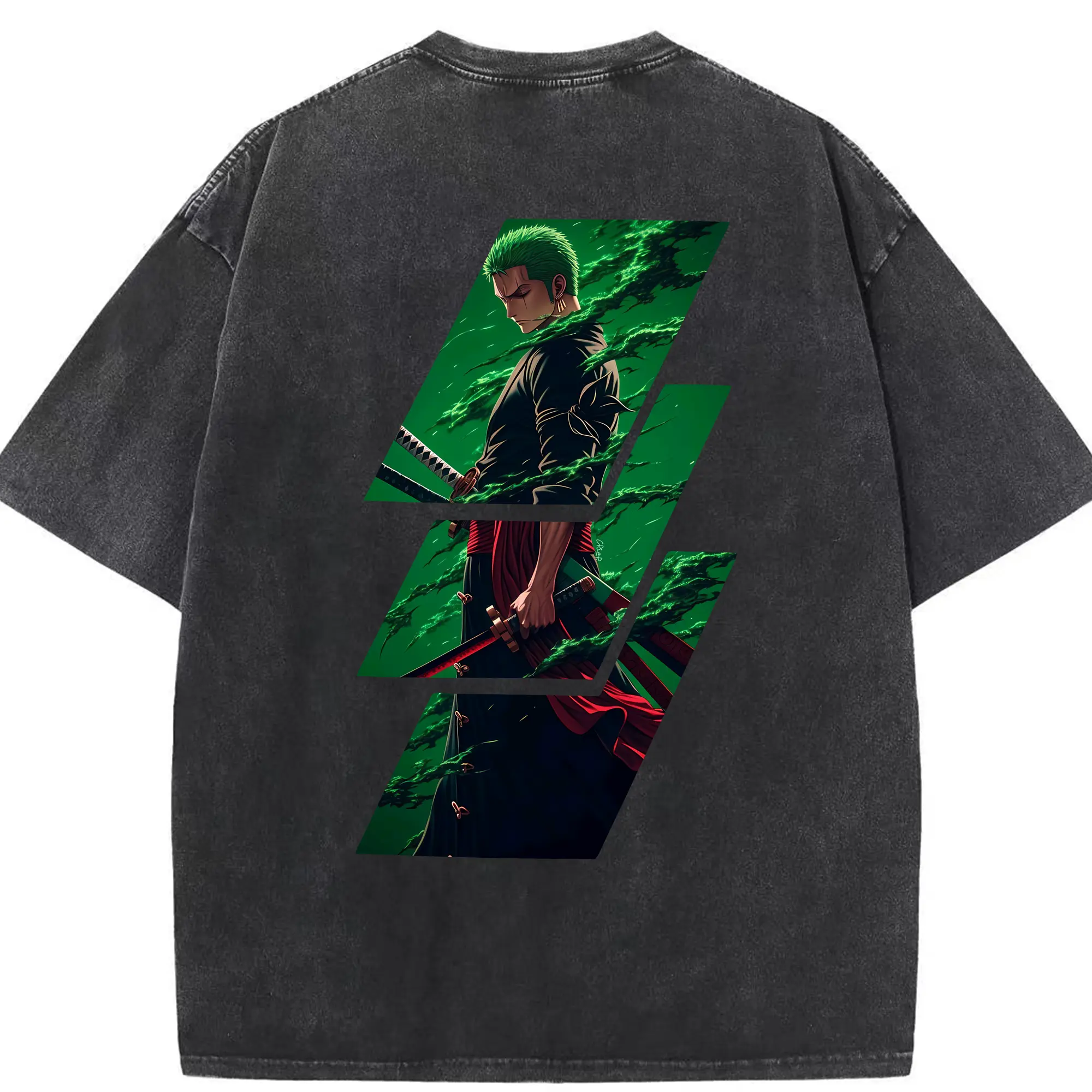 ワンピース グッズ ロロノア・ゾロ - 綿100％ ヴィンテージ風 半袖Tシャツ ・ 背面プリント ・ 柔らか肌触り ・ 通気性 快適 ・ スポーツ カジュアル 外出用