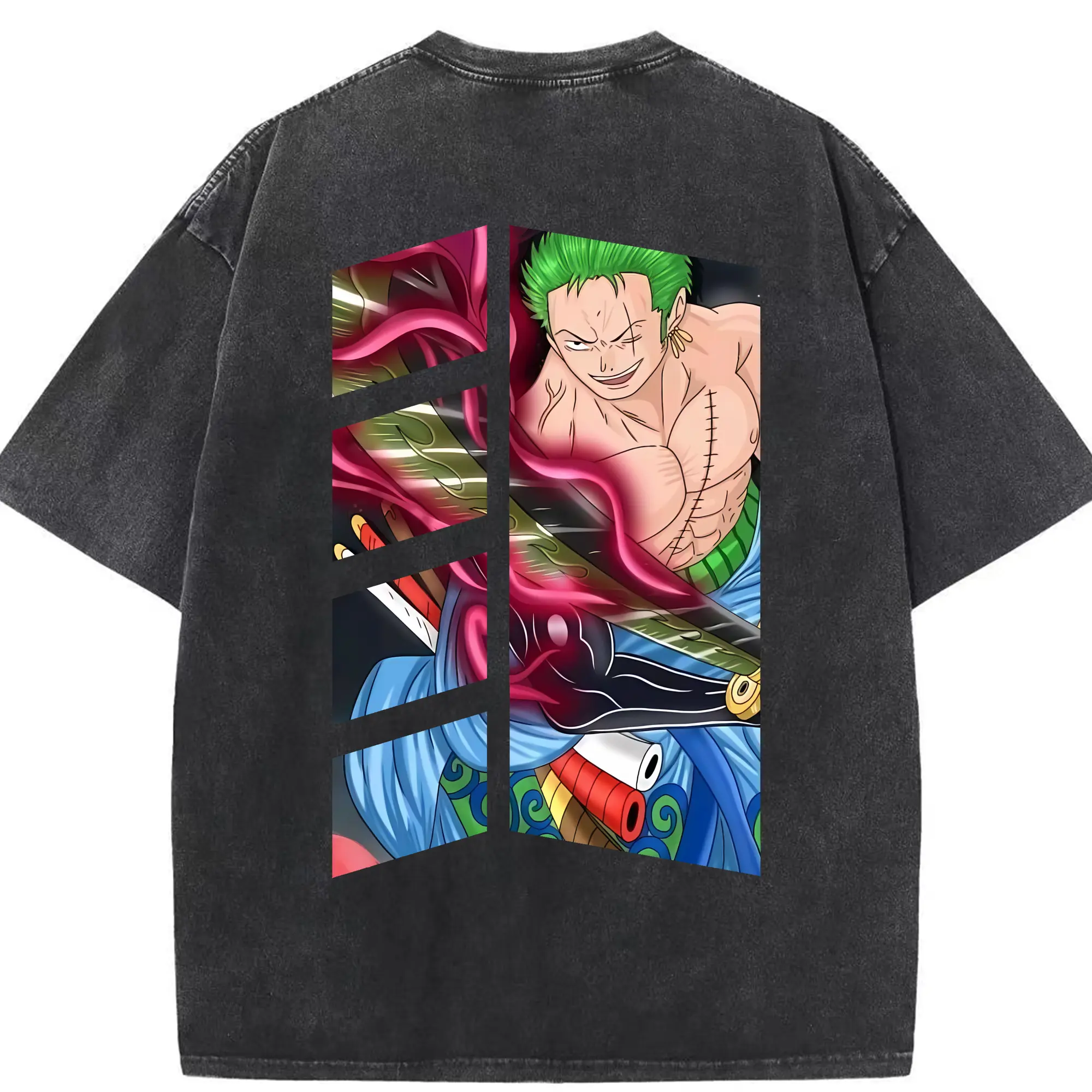 ワンピース グッズ ロロノア・ゾロ - 綿100％ ヴィンテージ風 半袖Tシャツ ・ 背面プリント ・ 柔らか肌触り ・ 通気性 快適 ・ スポーツ カジュアル 外出用