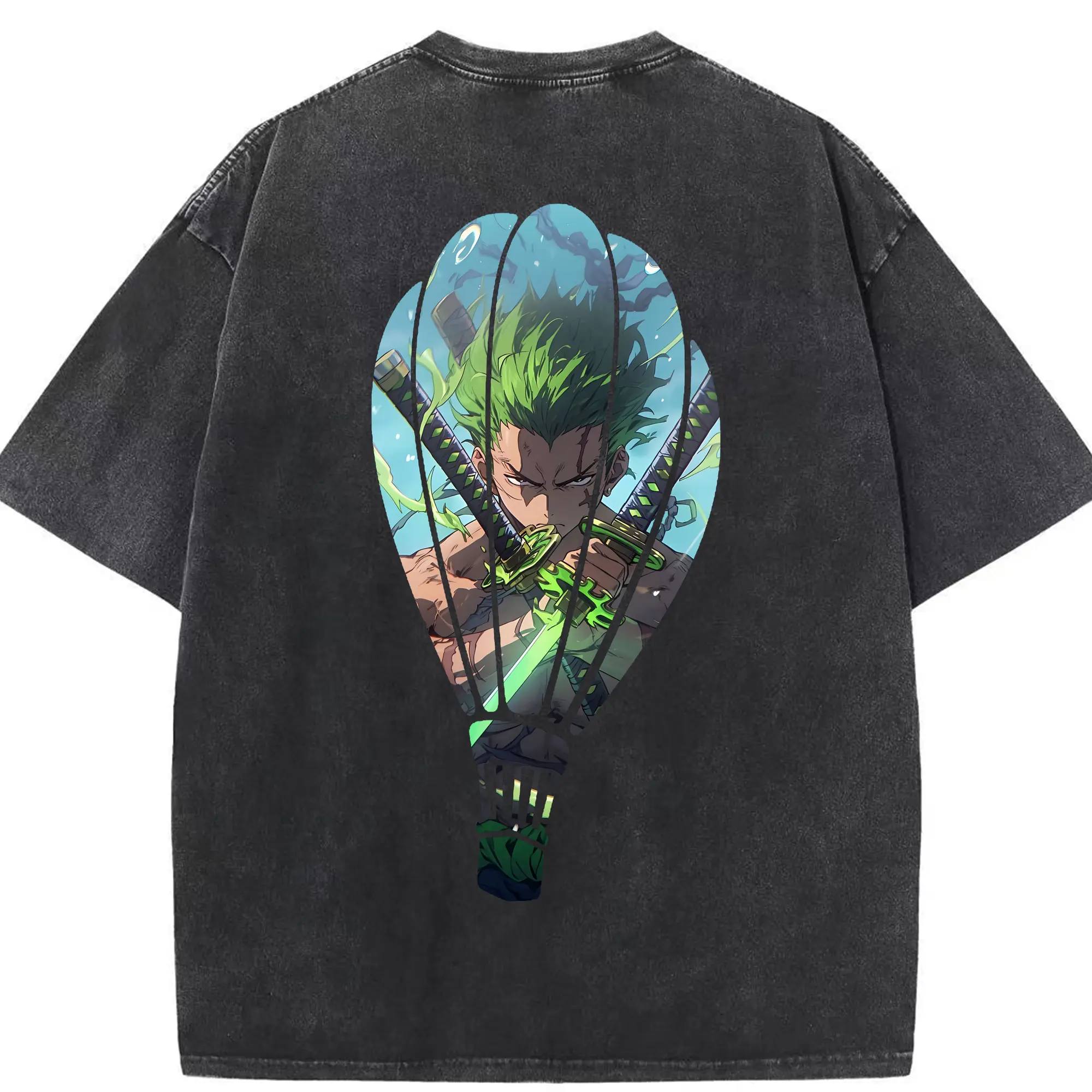 ワンピース グッズ ロロノア・ゾロ - 綿100％ ヴィンテージ風 半袖Tシャツ ・ 背面プリント ・ 柔らか肌触り ・ 通気性 快適 ・ スポーツ カジュアル 外出用