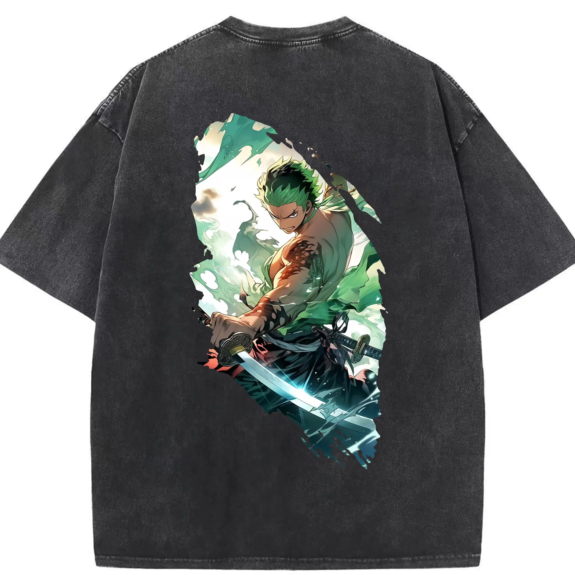 ワンピース グッズ ロロノア・ゾロ - 綿100％ ヴィンテージ風 半袖Tシャツ ・ 背面プリント ・ 柔らか肌触り ・ 通気性 快適 ・ スポーツ カジュアル 外出用