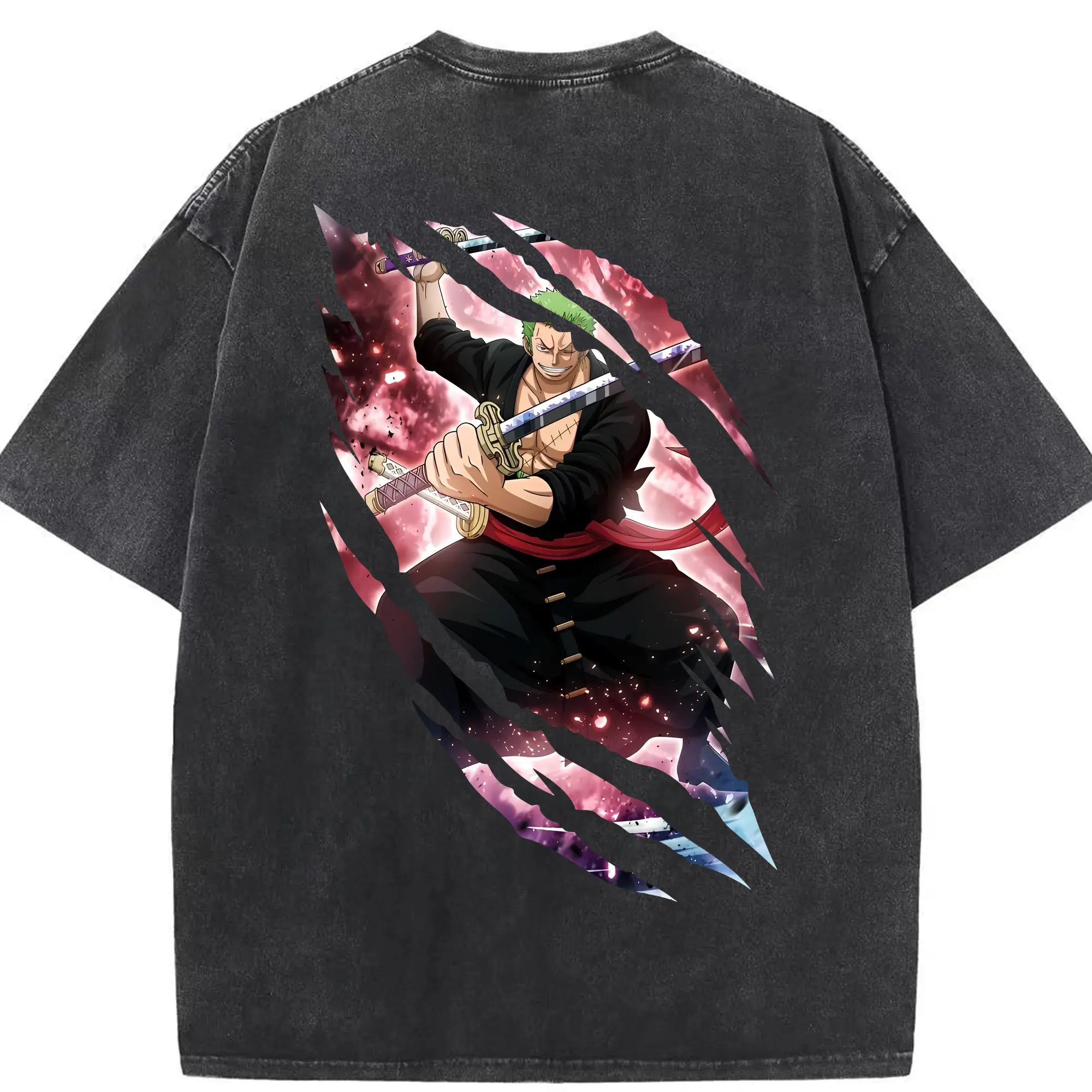 ワンピース グッズ ロロノア・ゾロ - 綿100％ ヴィンテージ風 半袖Tシャツ ・ 背面プリント ・ 柔らか肌触り ・ 通気性 快適 ・ スポーツ カジュアル 外出用