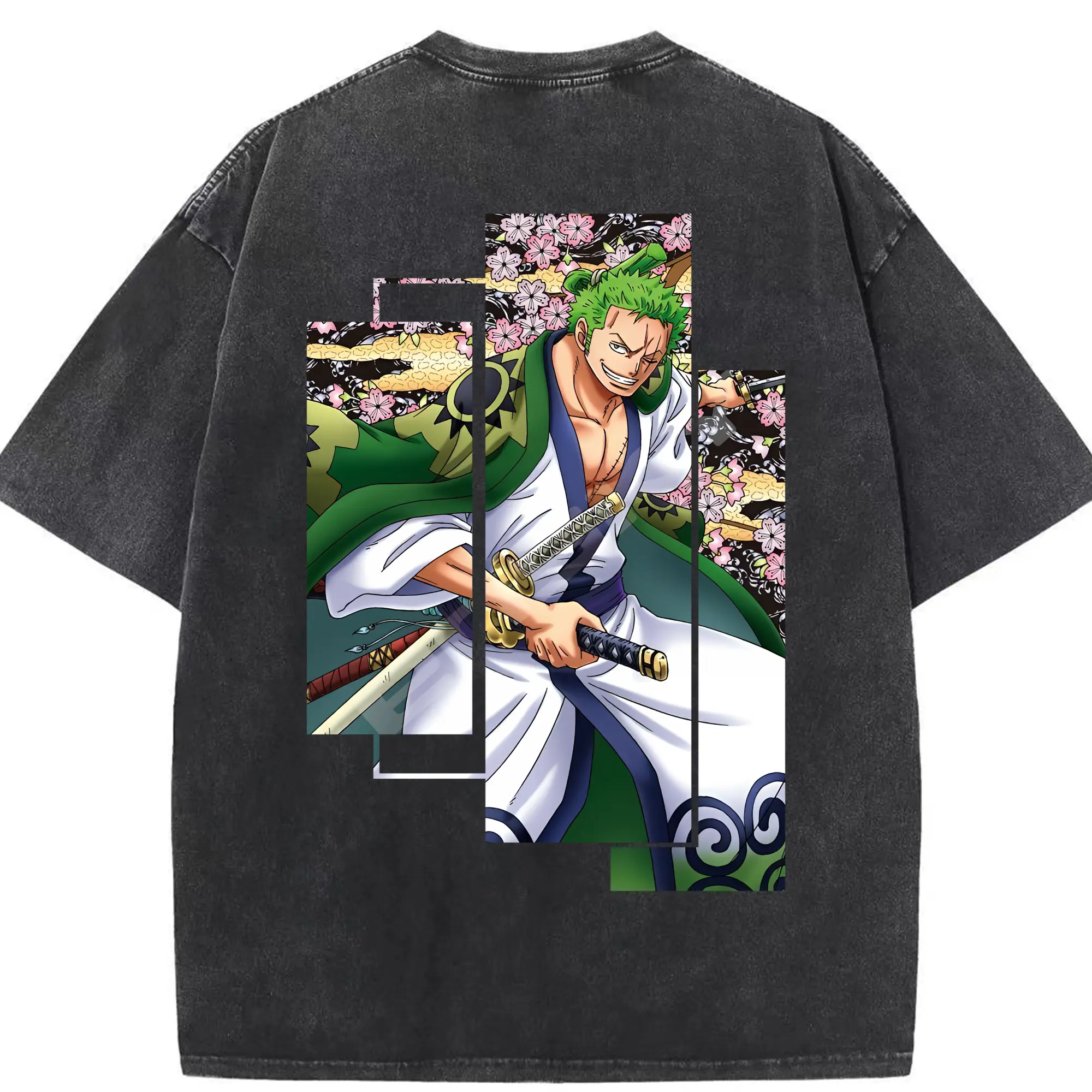 ワンピース グッズ ロロノア・ゾロ - 綿100％ ヴィンテージ風 半袖Tシャツ ・ 背面プリント ・ 柔らか肌触り ・ 通気性 快適 ・ スポーツ カジュアル 外出用