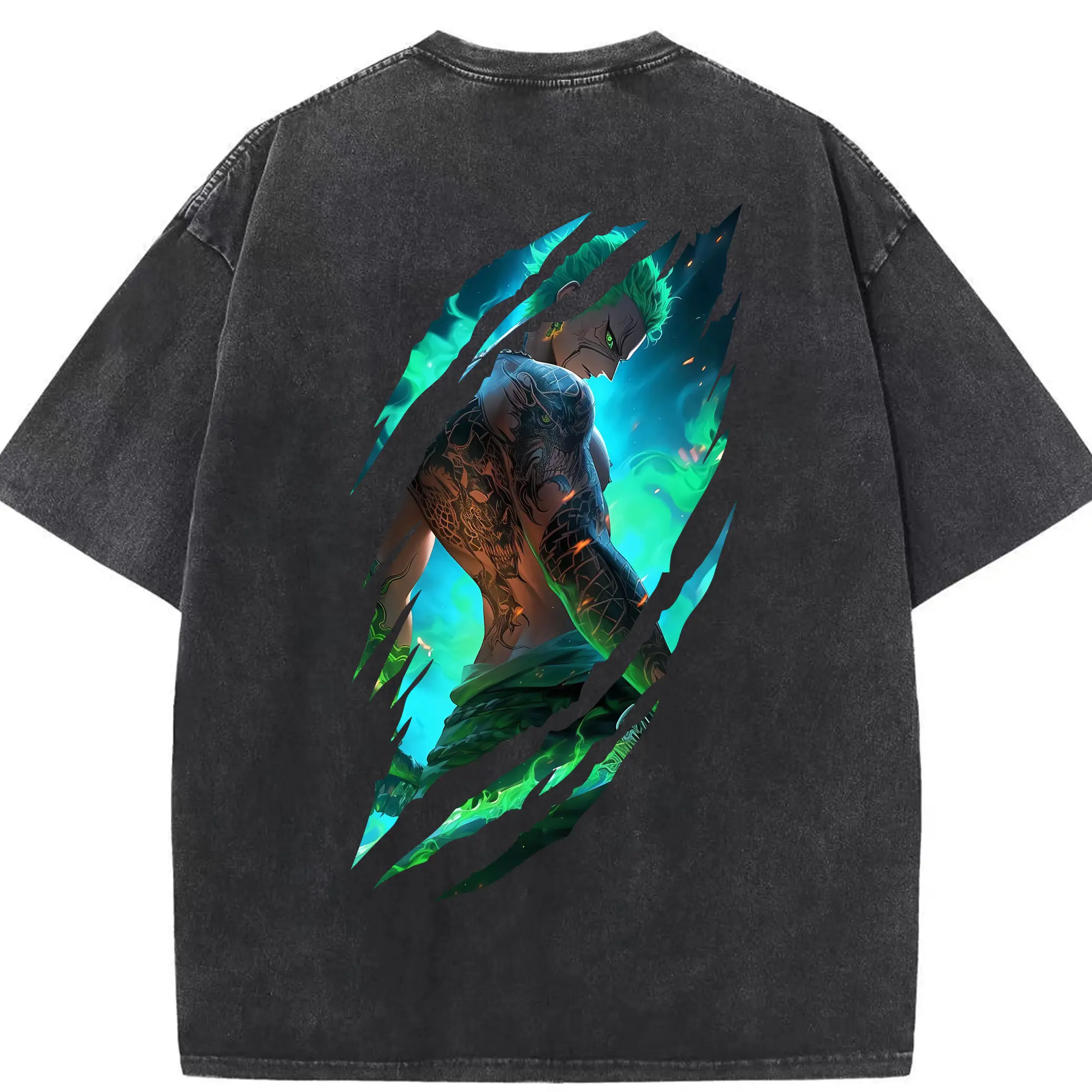 ワンピース グッズ ロロノア・ゾロ - 綿100％ ヴィンテージ風 半袖Tシャツ ・ 背面プリント ・ 柔らか肌触り ・ 通気性 快適 ・ スポーツ カジュアル 外出用