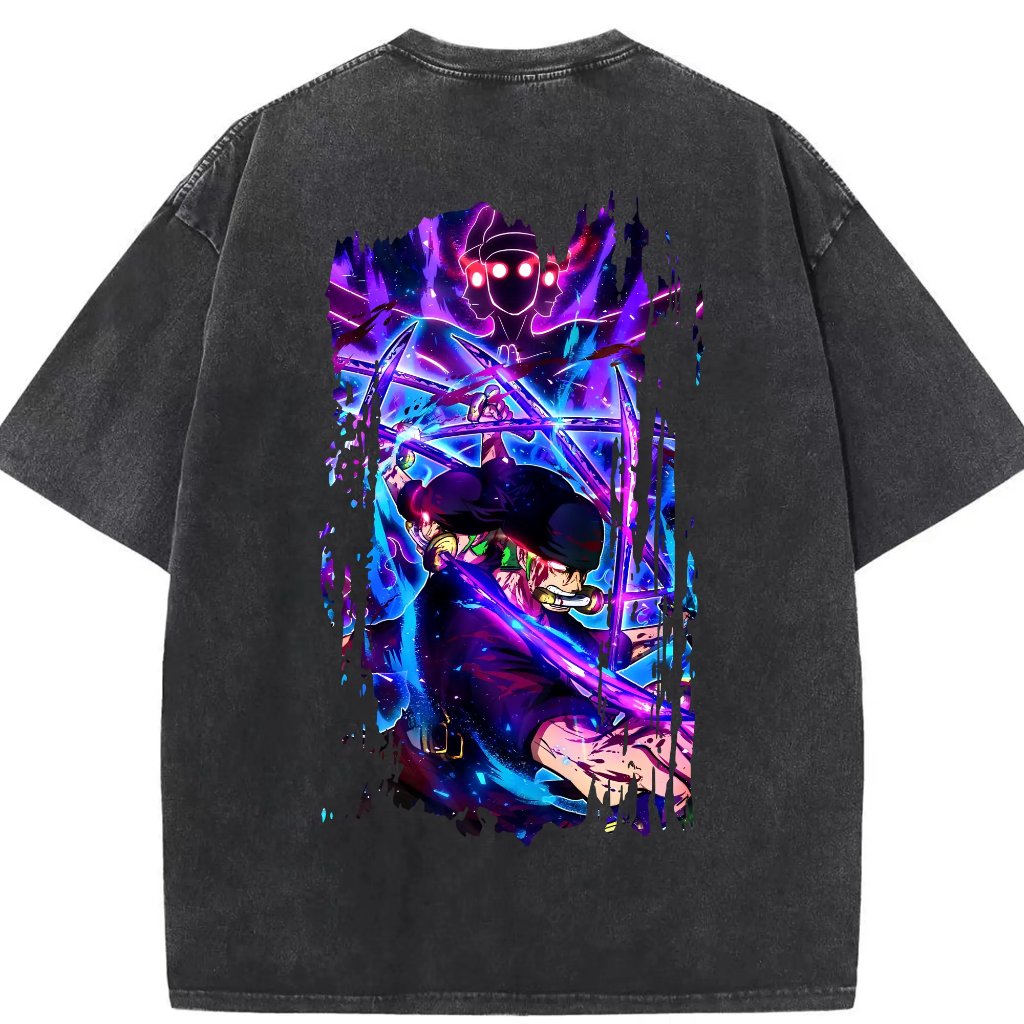 ワンピース グッズ ロロノア・ゾロ - 綿100％ ヴィンテージ風 半袖Tシャツ ・ 背面プリント ・ 柔らか肌触り ・ 通気性 快適 ・ スポーツ カジュアル 外出用