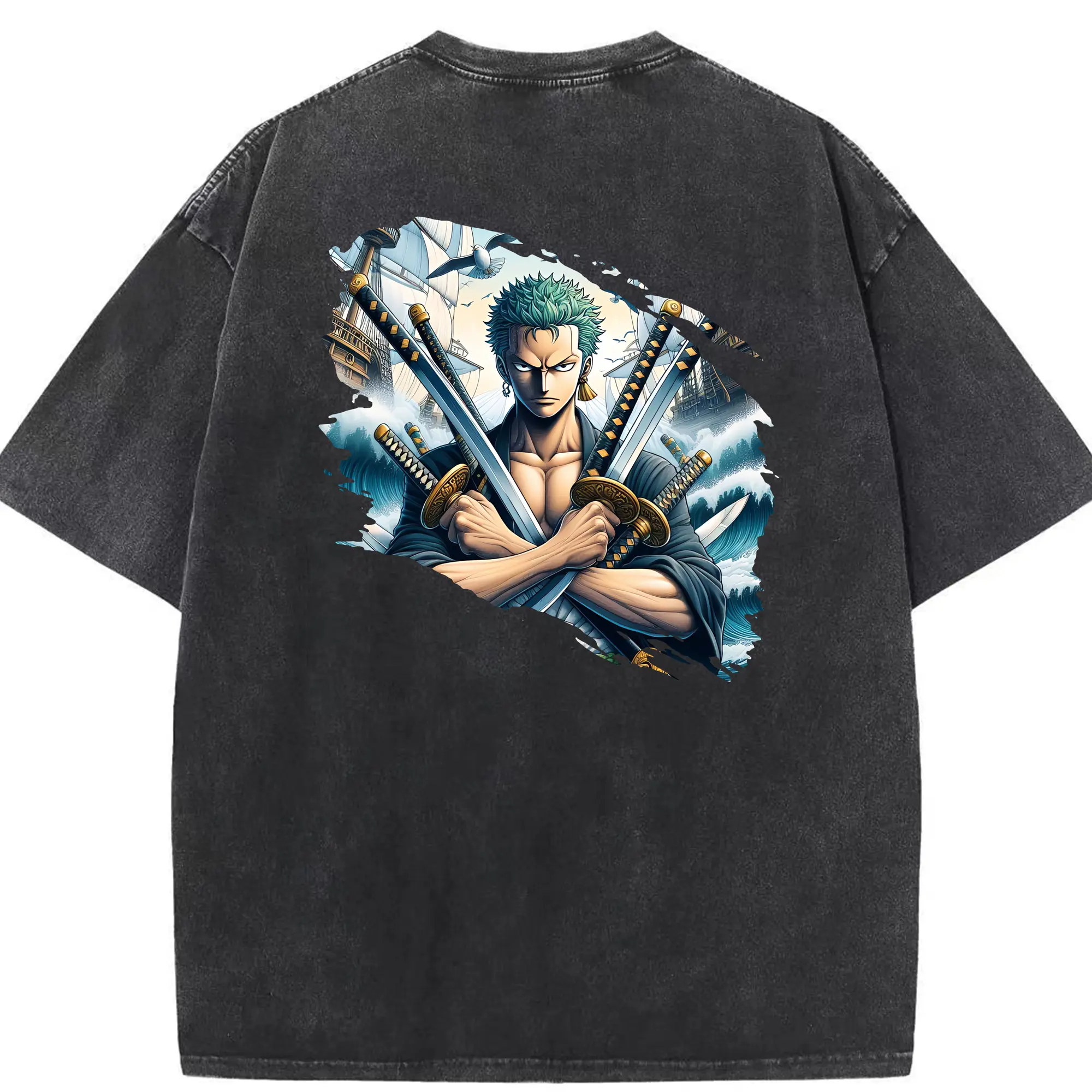 ワンピース グッズ ロロノア・ゾロ - 綿100％ ヴィンテージ風 半袖Tシャツ ・ 背面プリント ・ 柔らか肌触り ・ 通気性 快適 ・ スポーツ カジュアル 外出用