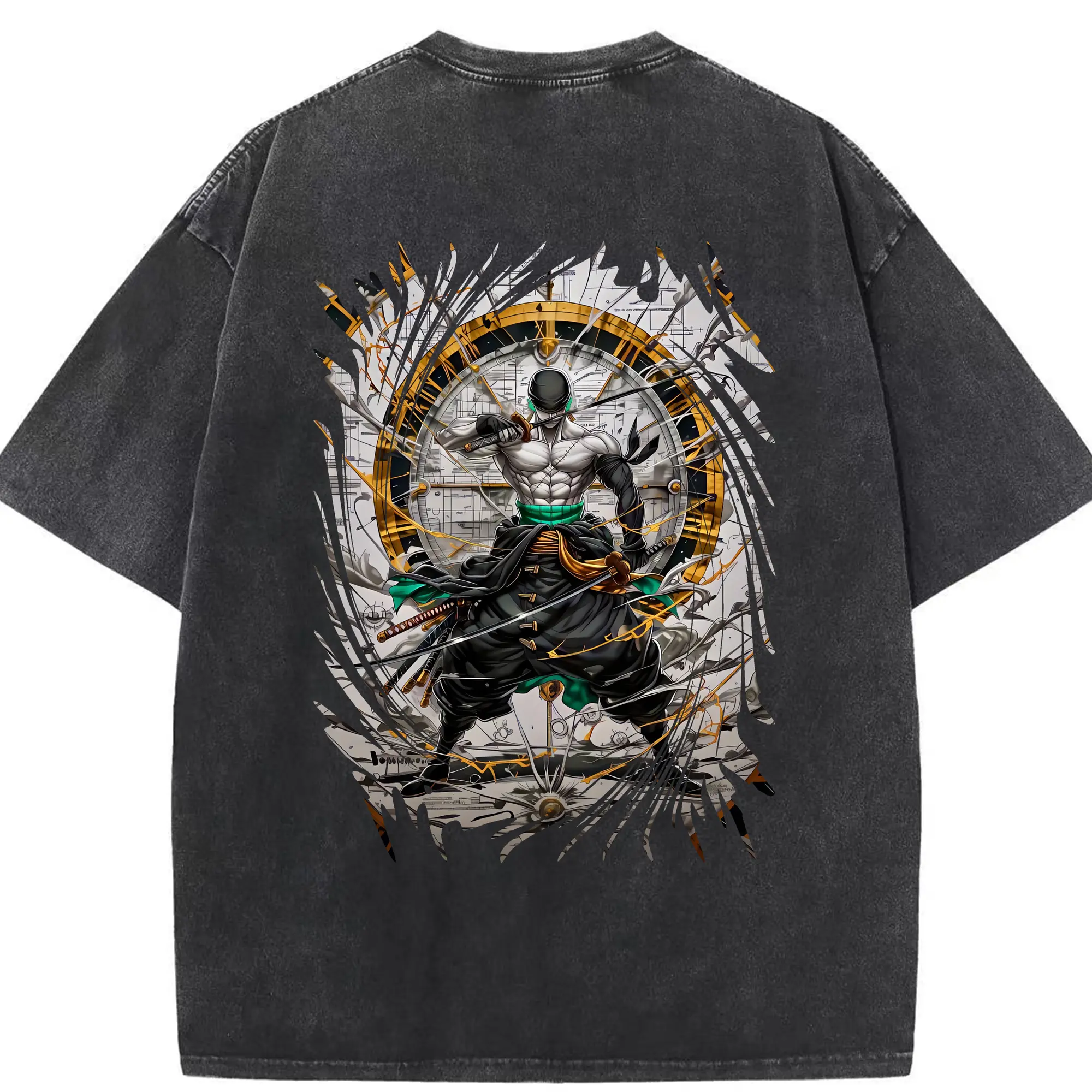 ワンピース グッズ ロロノア・ゾロ - 綿100％ ヴィンテージ風 半袖Tシャツ ・ 背面プリント ・ 柔らか肌触り ・ 通気性 快適 ・ スポーツ カジュアル 外出用