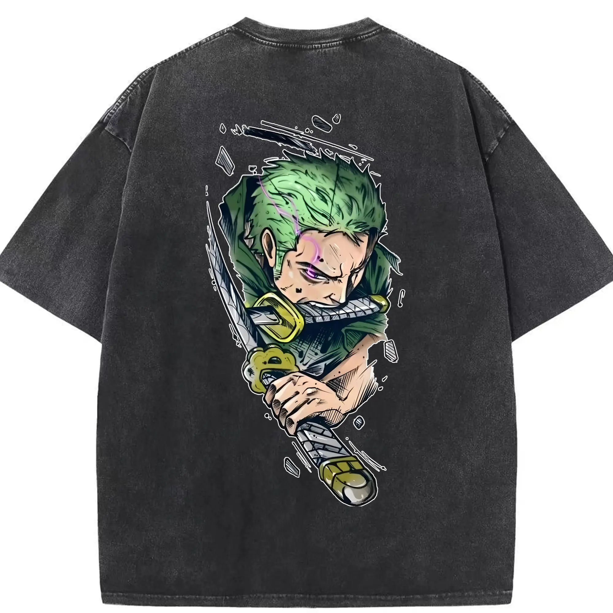 ワンピース グッズ ロロノア・ゾロ - 綿100％ ヴィンテージ風 半袖Tシャツ ・ 背面プリント ・ 柔らか肌触り ・ 通気性 快適 ・ スポーツ カジュアル 外出用