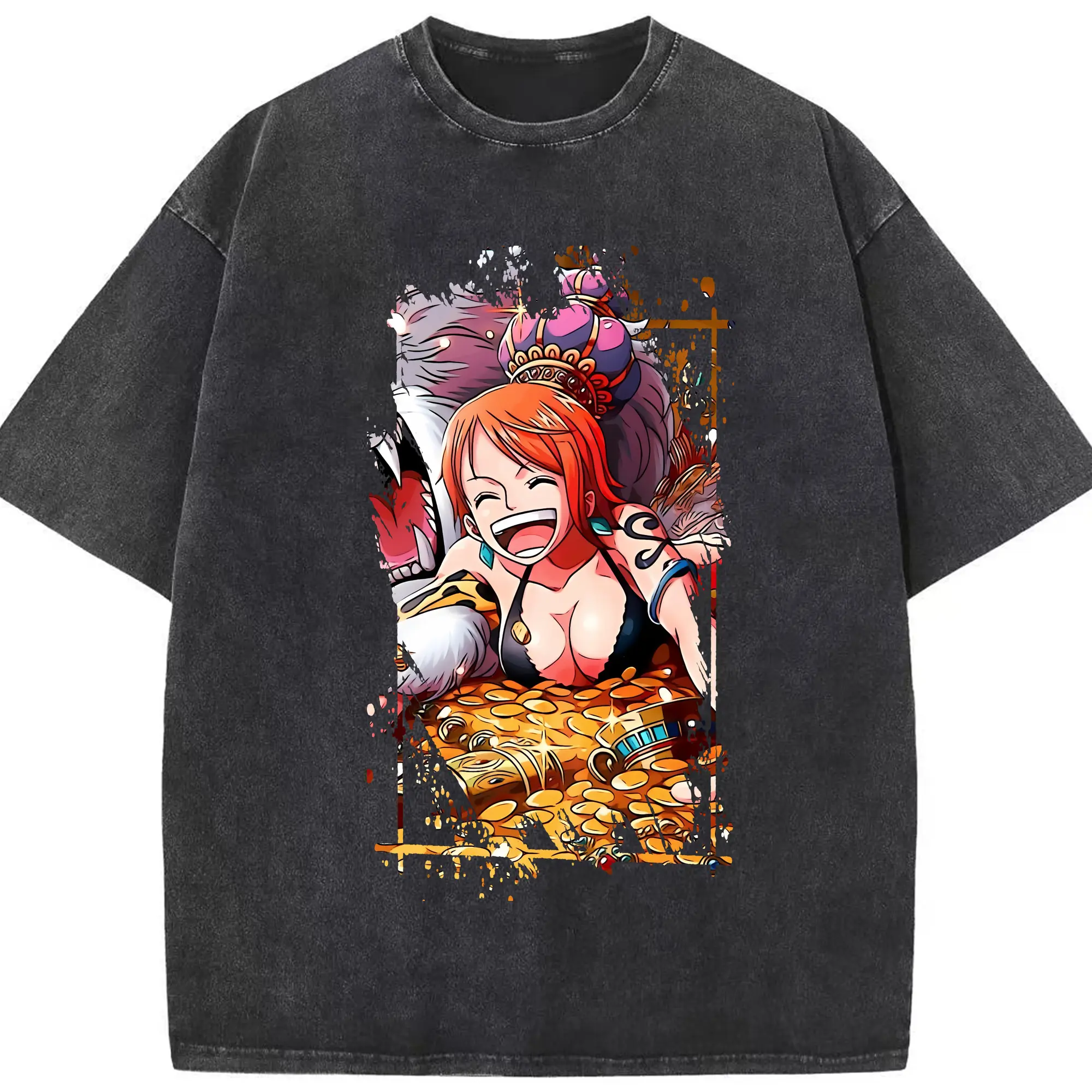 ワンピース グッズ ナミ - 綿100％ ヴィンテージ風 半袖Tシャツ ・ フロントプリント ・ 柔らか肌触り ・ 通気性 快適 ・ スポーツ カジュアル 外出用