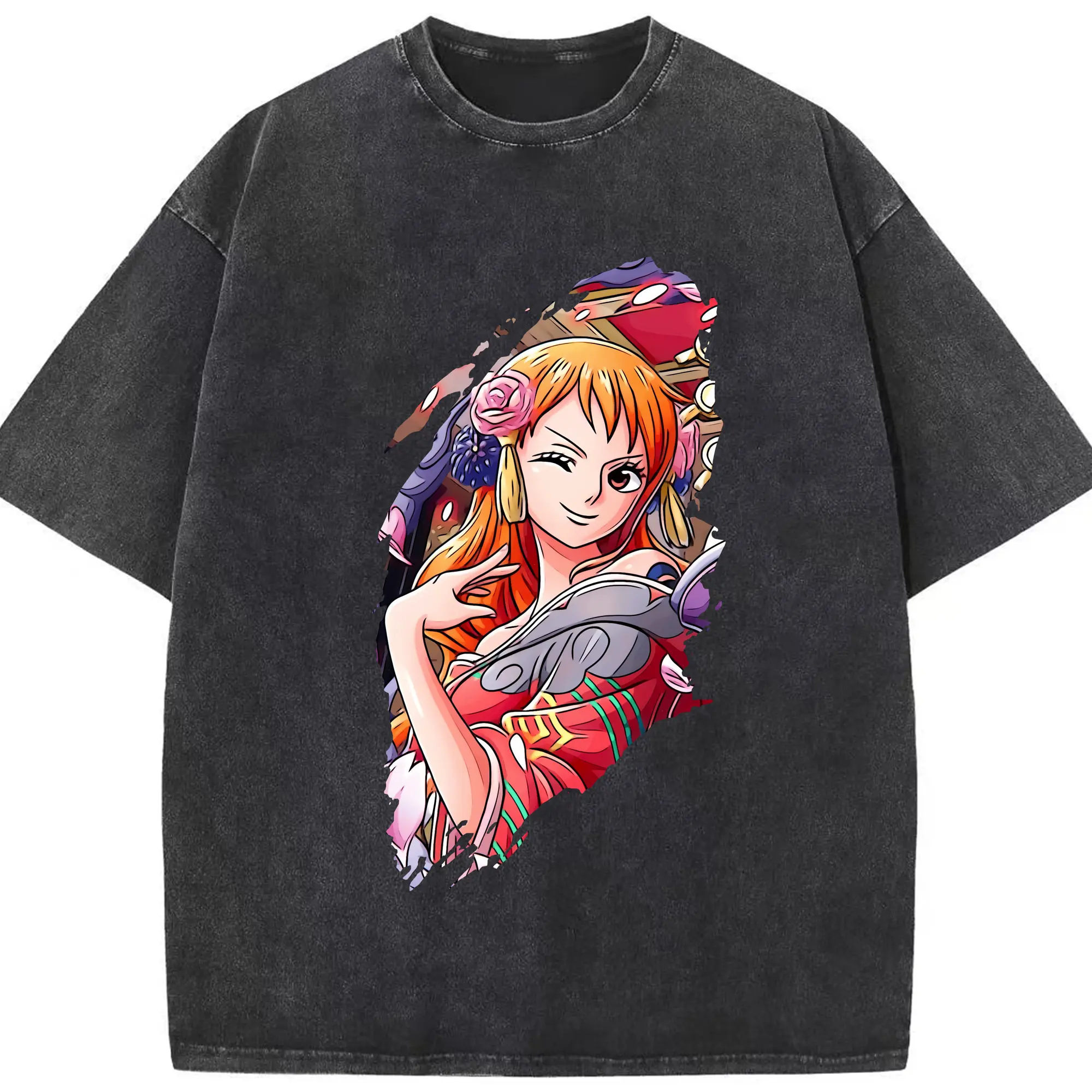ワンピース グッズ ナミ - 綿100％ ヴィンテージ風 半袖Tシャツ ・ フロントプリント ・ 柔らか肌触り ・ 通気性 快適 ・ スポーツ カジュアル 外出用