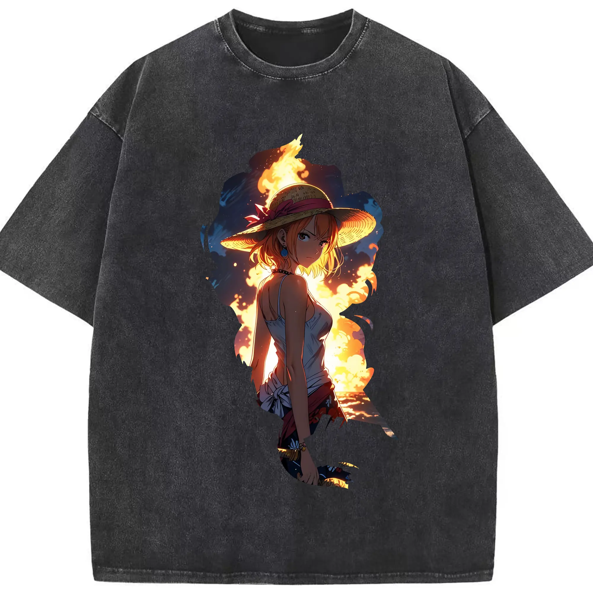 ワンピース グッズ ナミ - 綿100％ ヴィンテージ風 半袖Tシャツ ・ フロントプリント ・ 柔らか肌触り ・ 通気性 快適 ・ スポーツ カジュアル 外出用