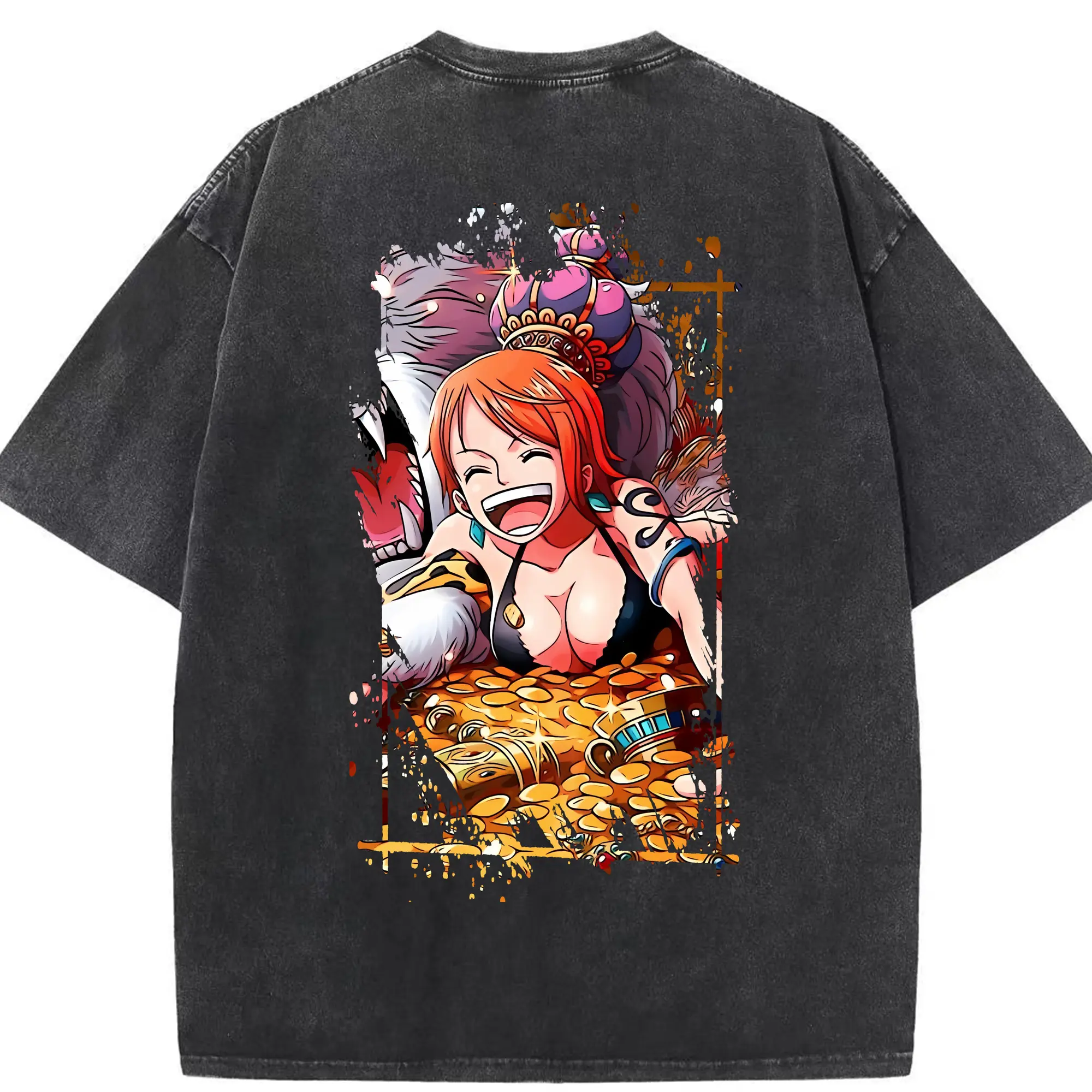 ワンピース グッズ ナミ - 綿100％ ヴィンテージ風 半袖Tシャツ ・ 背面プリント ・ 柔らか肌触り ・ 通気性 快適 ・ スポーツ カジュアル 外出用