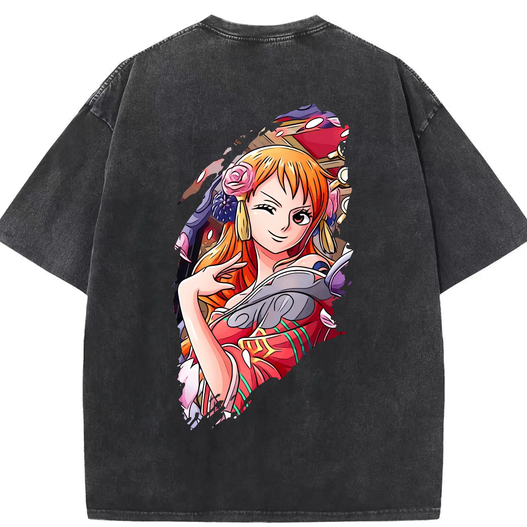 ワンピース グッズ ナミ - 綿100％ ヴィンテージ風 半袖Tシャツ ・ 背面プリント ・ 柔らか肌触り ・ 通気性 快適 ・ スポーツ カジュアル 外出用