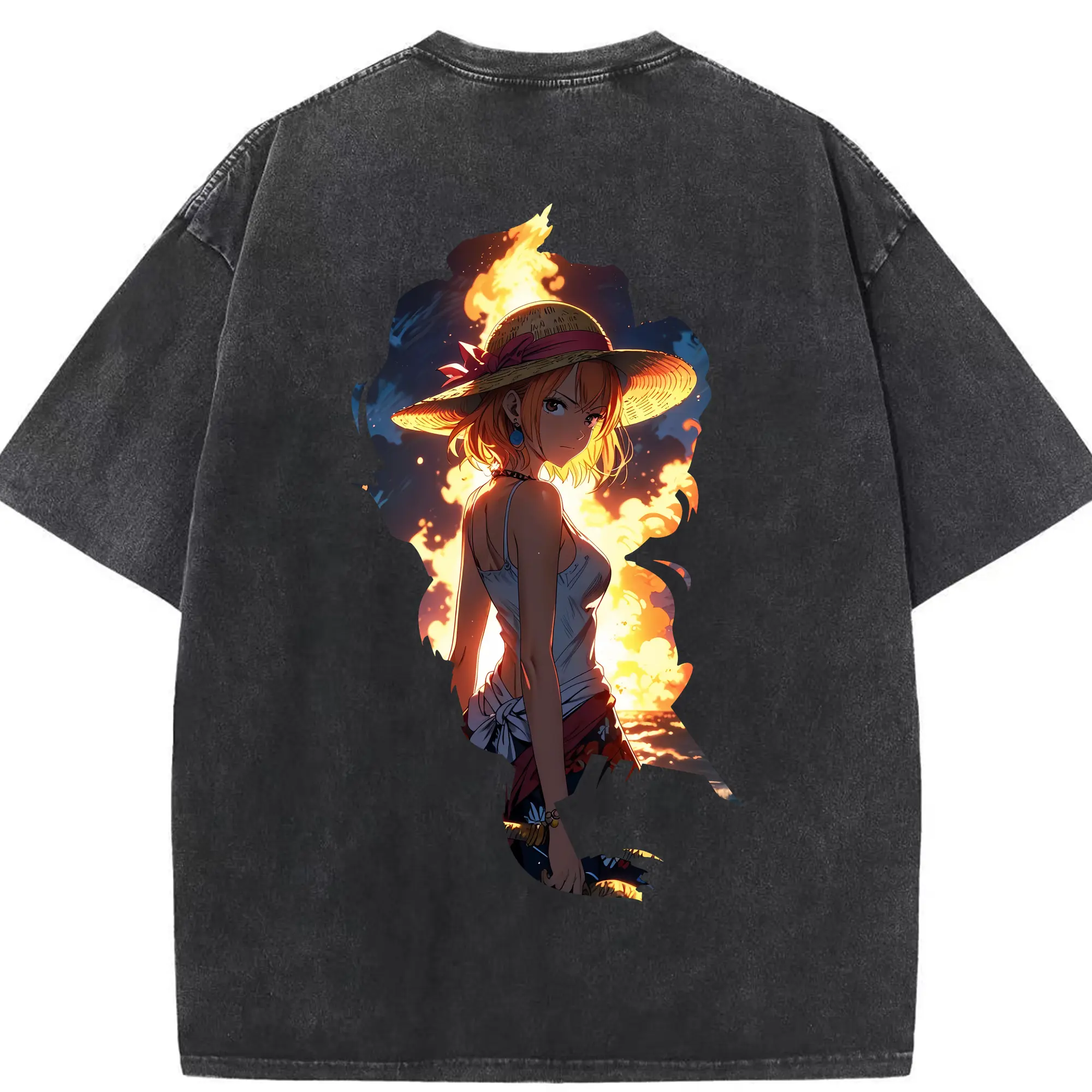 ワンピース グッズ ナミ - 綿100％ ヴィンテージ風 半袖Tシャツ ・ 背面プリント ・ 柔らか肌触り ・ 通気性 快適 ・ スポーツ カジュアル 外出用