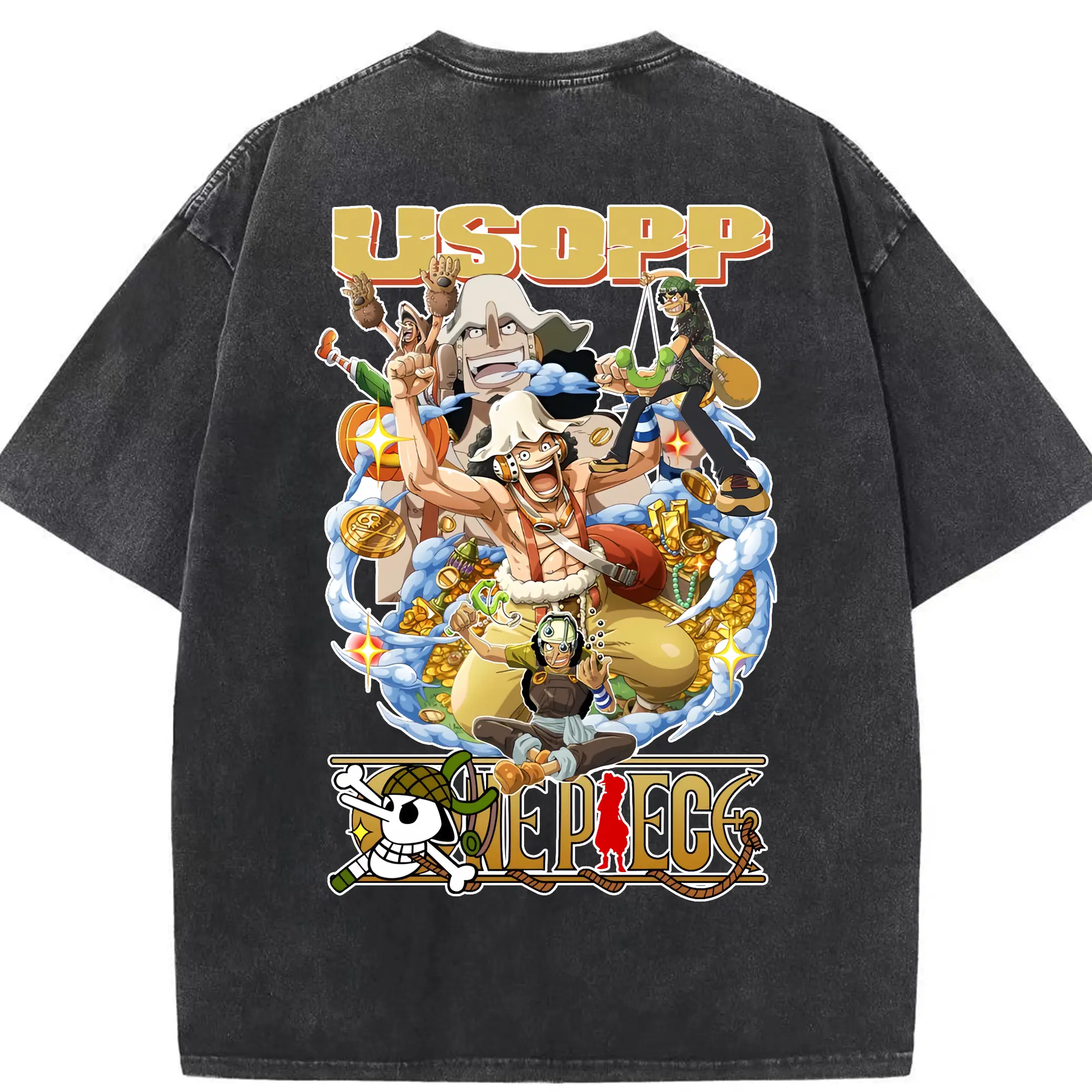 ワンピース グッズ ウソップ - 綿100％ ヴィンテージ風 半袖Tシャツ ・ 背面プリント ・ 柔らか肌触り ・ 通気性 快適 ・ スポーツ カジュアル 外出用