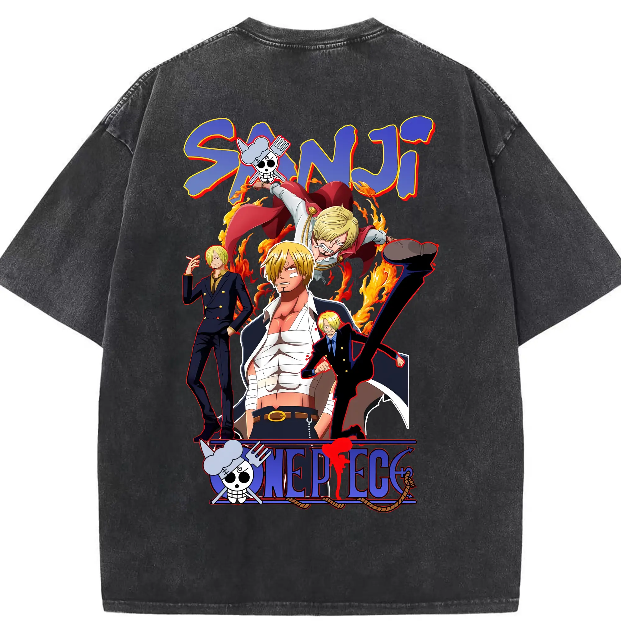 ワンピース グッズ ヴィンスモーク・サンジ - 綿100％ ヴィンテージ風 半袖Tシャツ ・ 背面プリント ・ 柔らか肌触り ・ 通気性 快適 ・ スポーツ カジュアル 外出用